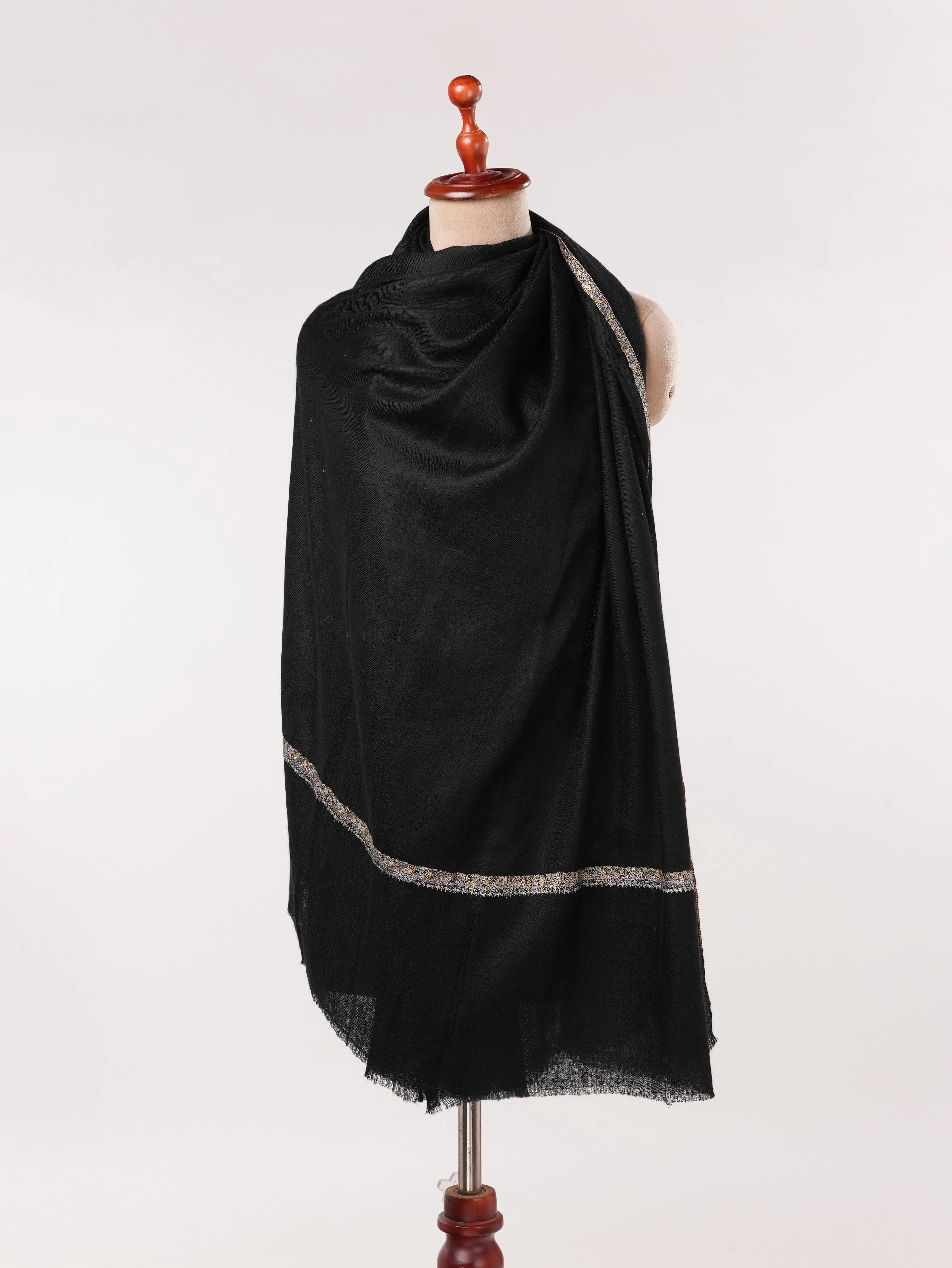 Handwoven Black Kashmiri Pashmina Shawl with Baildar Hand Sozni Embroidery Shahkaar.com