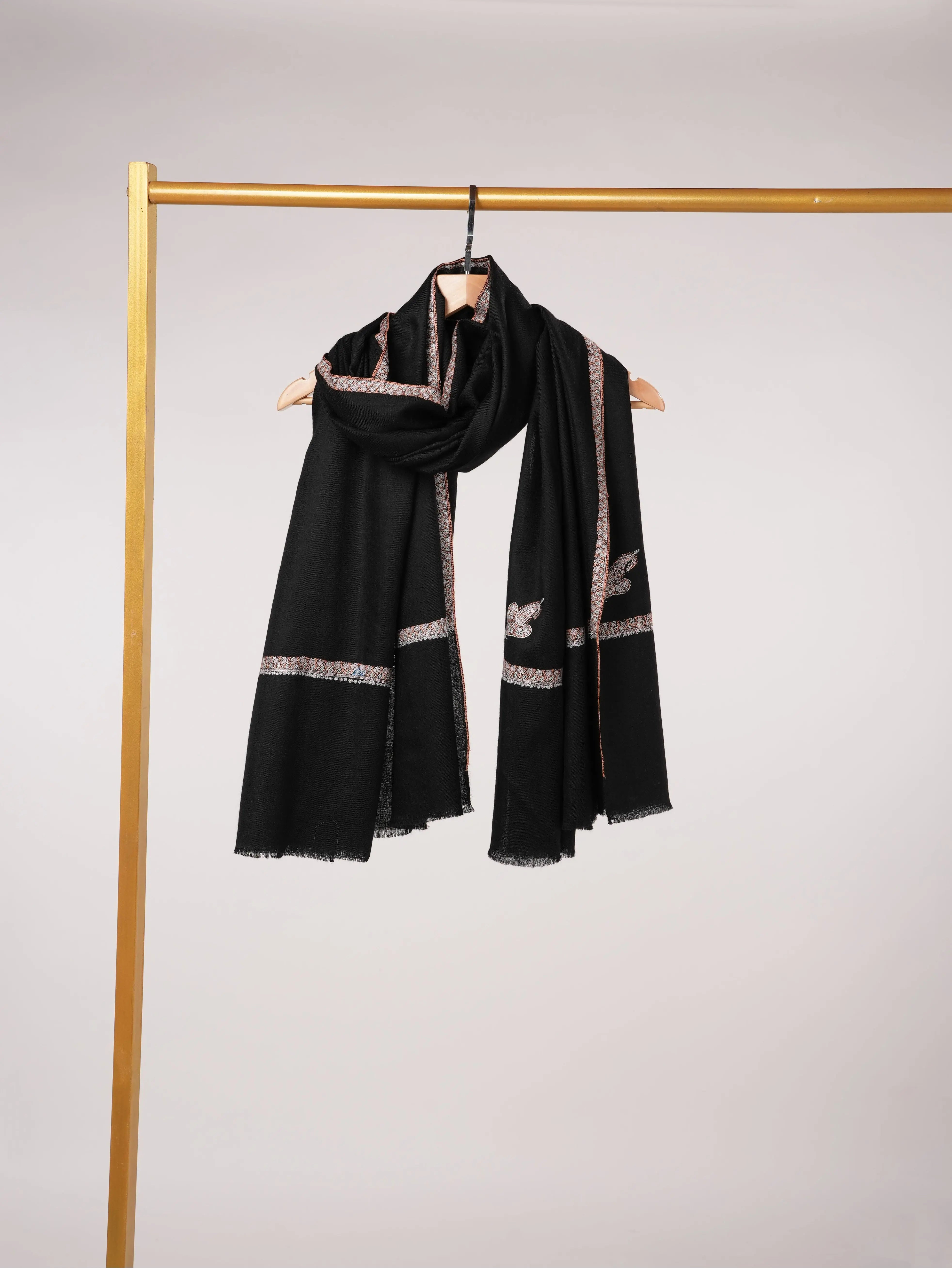 Soft Pashmina Kashmiri Handwoven Black Shawl with Baildar Hand Sozni Embroidery Shahkaar.com