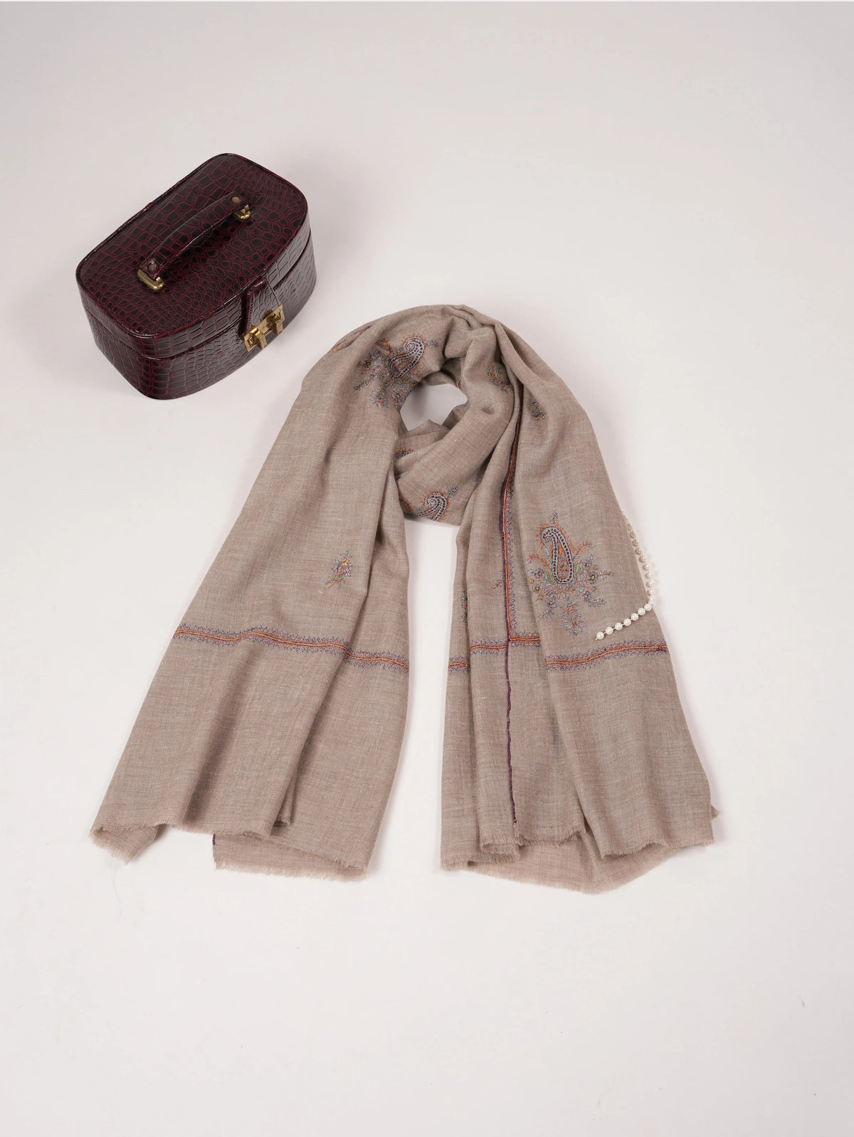 Beige Handwoven Classic Pashmina Shawl with Buteh Hand Sozni Embroidery Shahkaar.com
