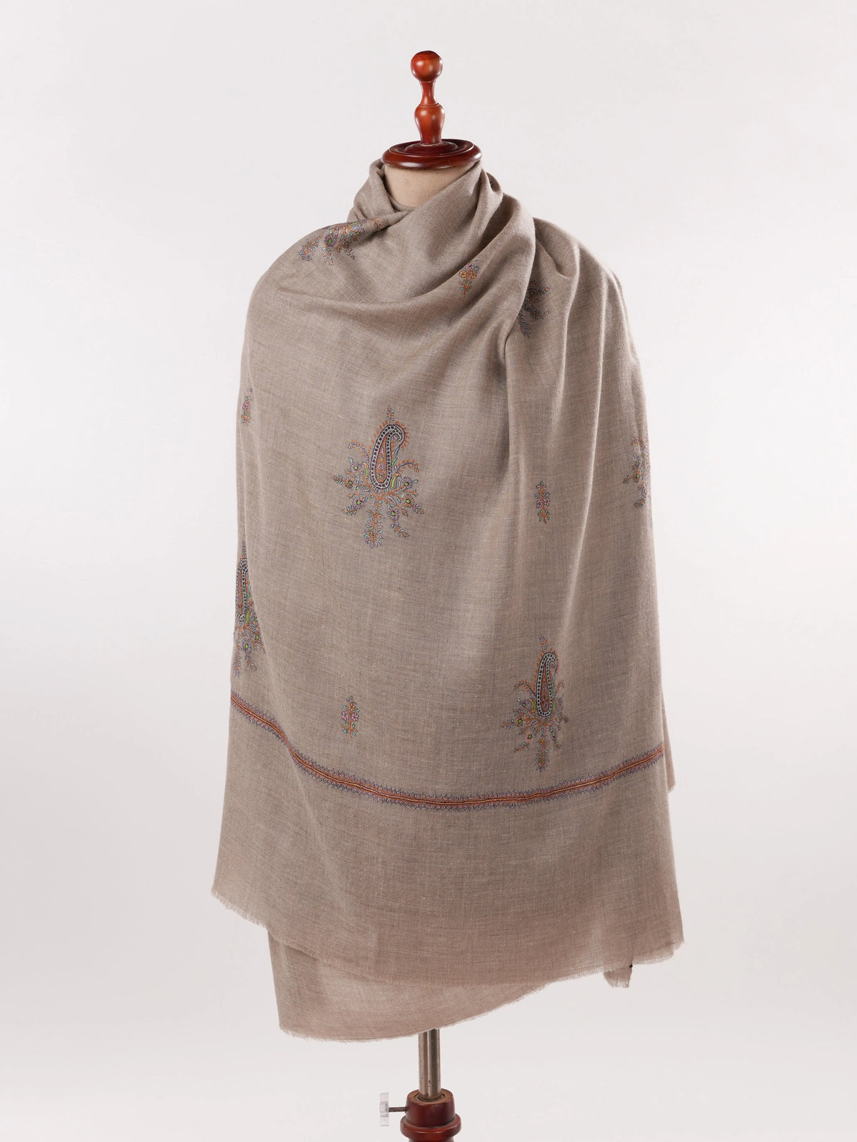Beige Handwoven Classic Pashmina Shawl with Buteh Hand Sozni Embroidery Shahkaar.com