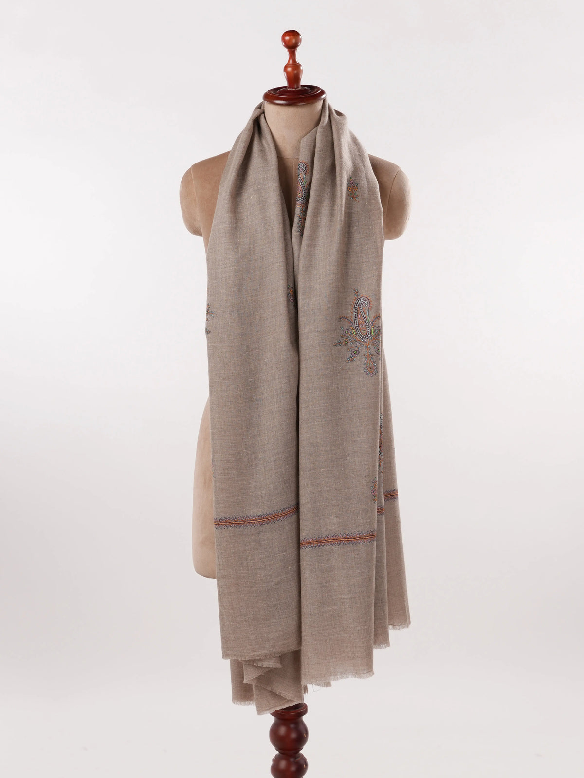 Beige Handwoven Classic Pashmina Shawl with Buteh Hand Sozni Embroidery Shahkaar.com