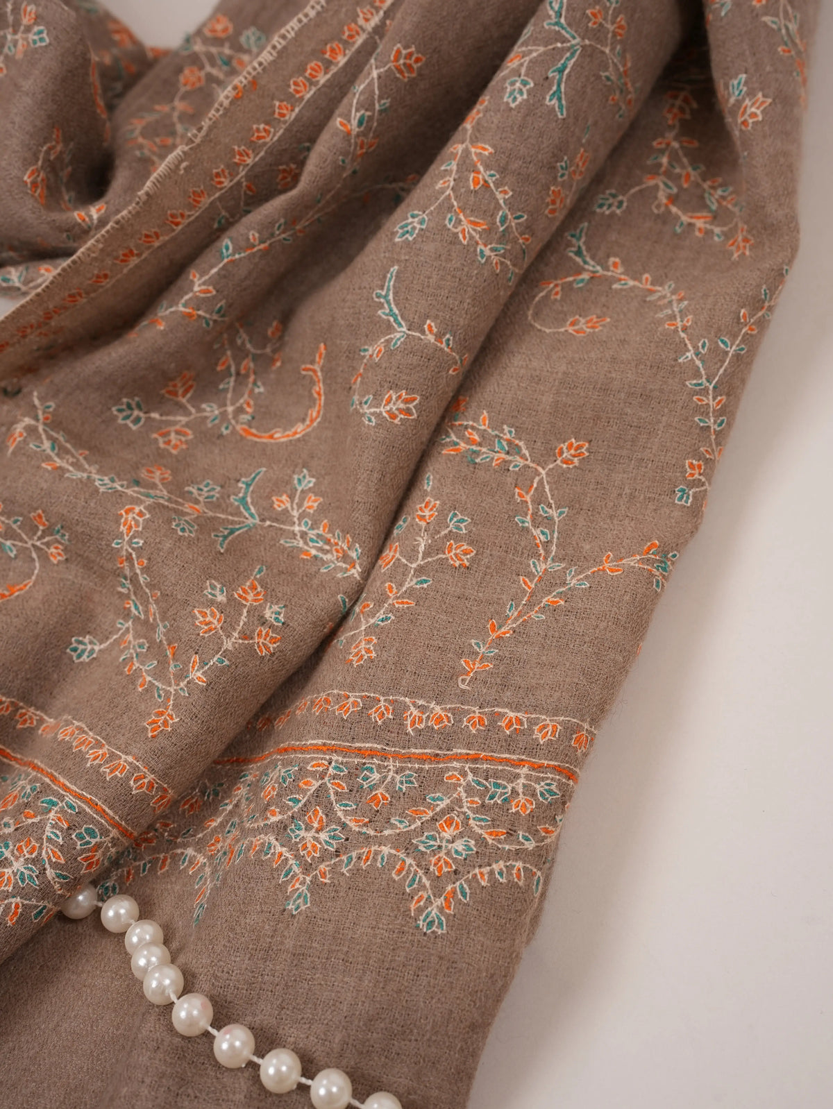 Jali Sozni Embroidery Natural Taupe Handwoven Authentic Cashmere Scarf Shahkaar.com