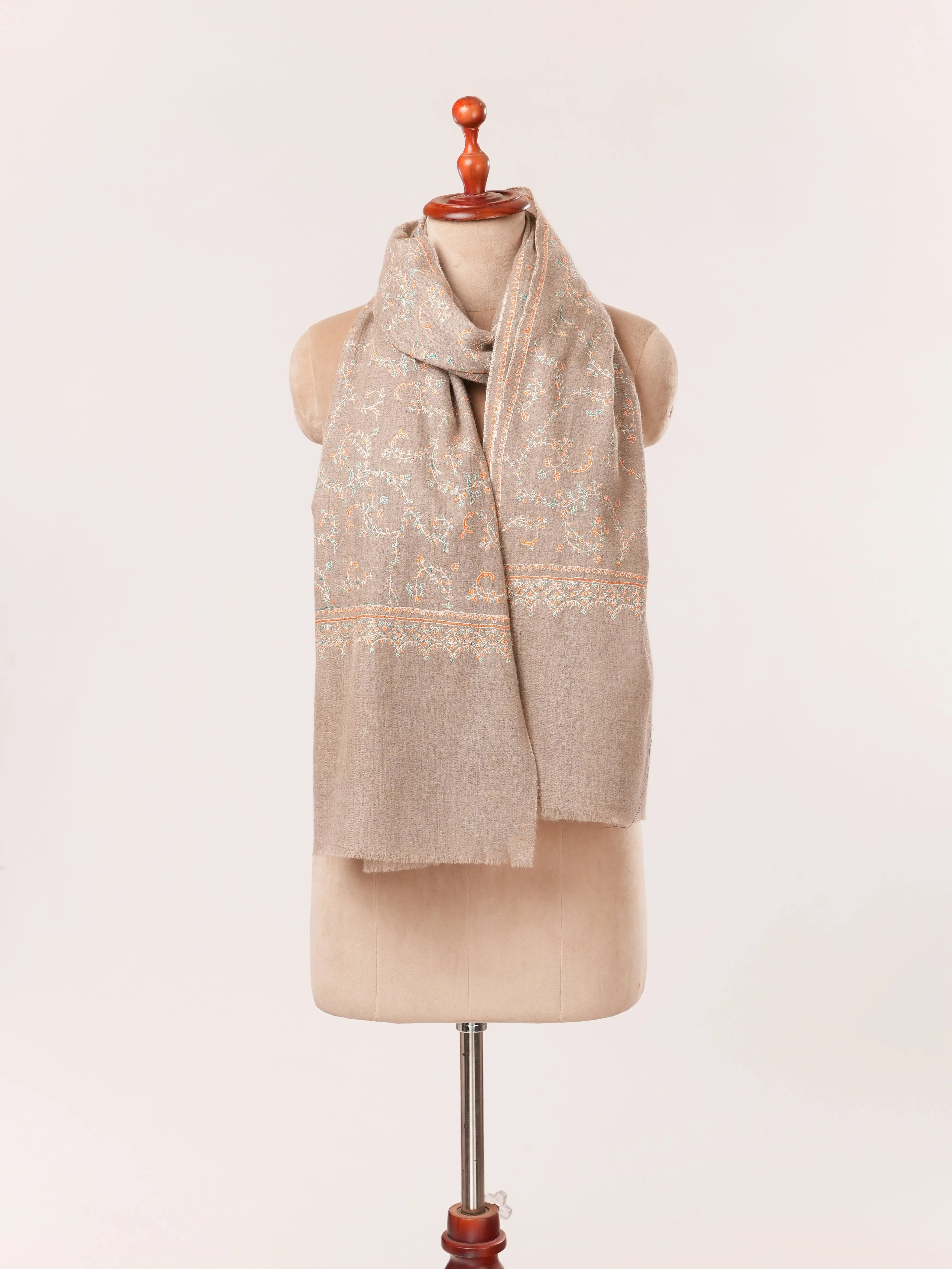 Jali Sozni Embroidery Natural Taupe Handwoven Authentic Cashmere Scarf Shahkaar.com