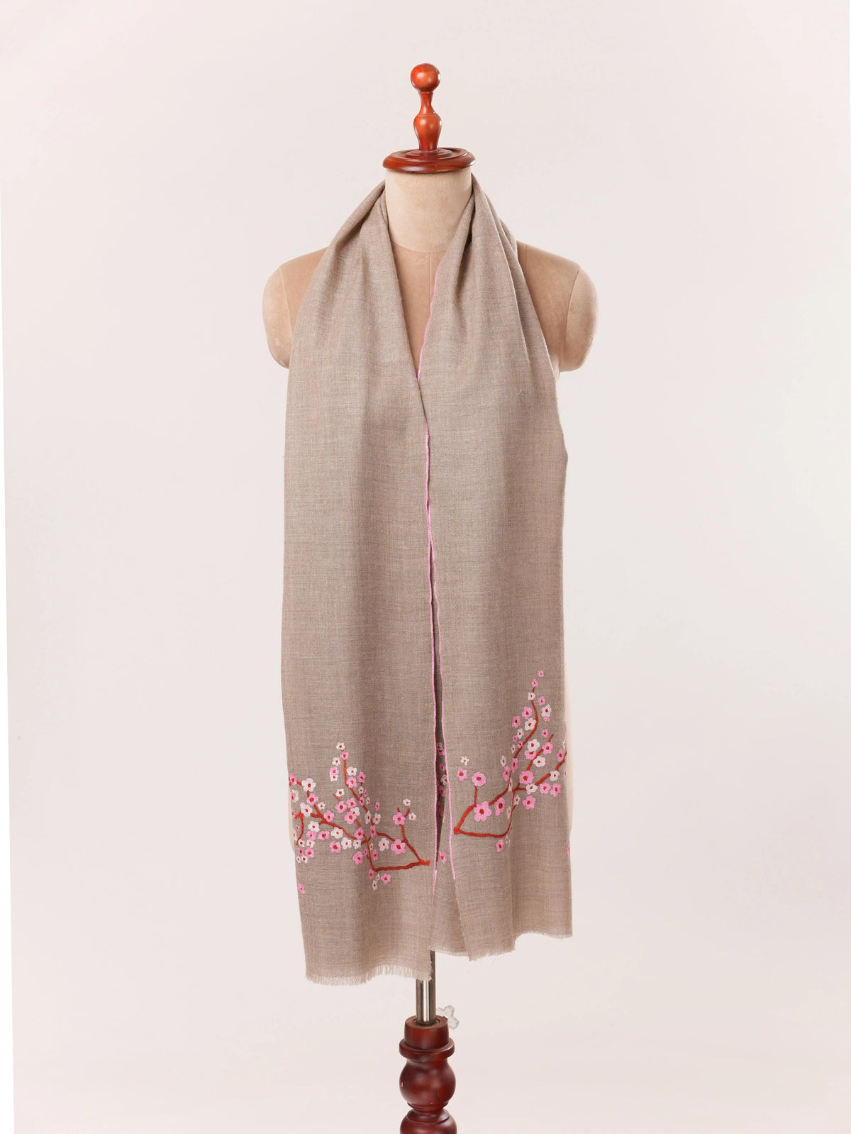 Palldar Almond Bloom Sozni Work Taupe Kashmiri Handwoven Cashmere Scarf Shahkaar.com