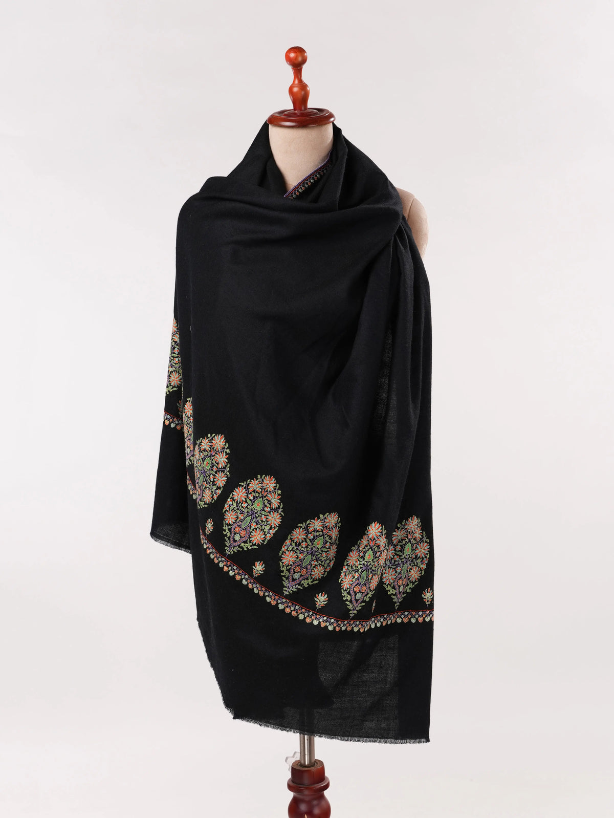 Kashmiri Handwoven Pashmina Black Shawl with Hand Sozni Palldar Embroidery Shahkaar.com
