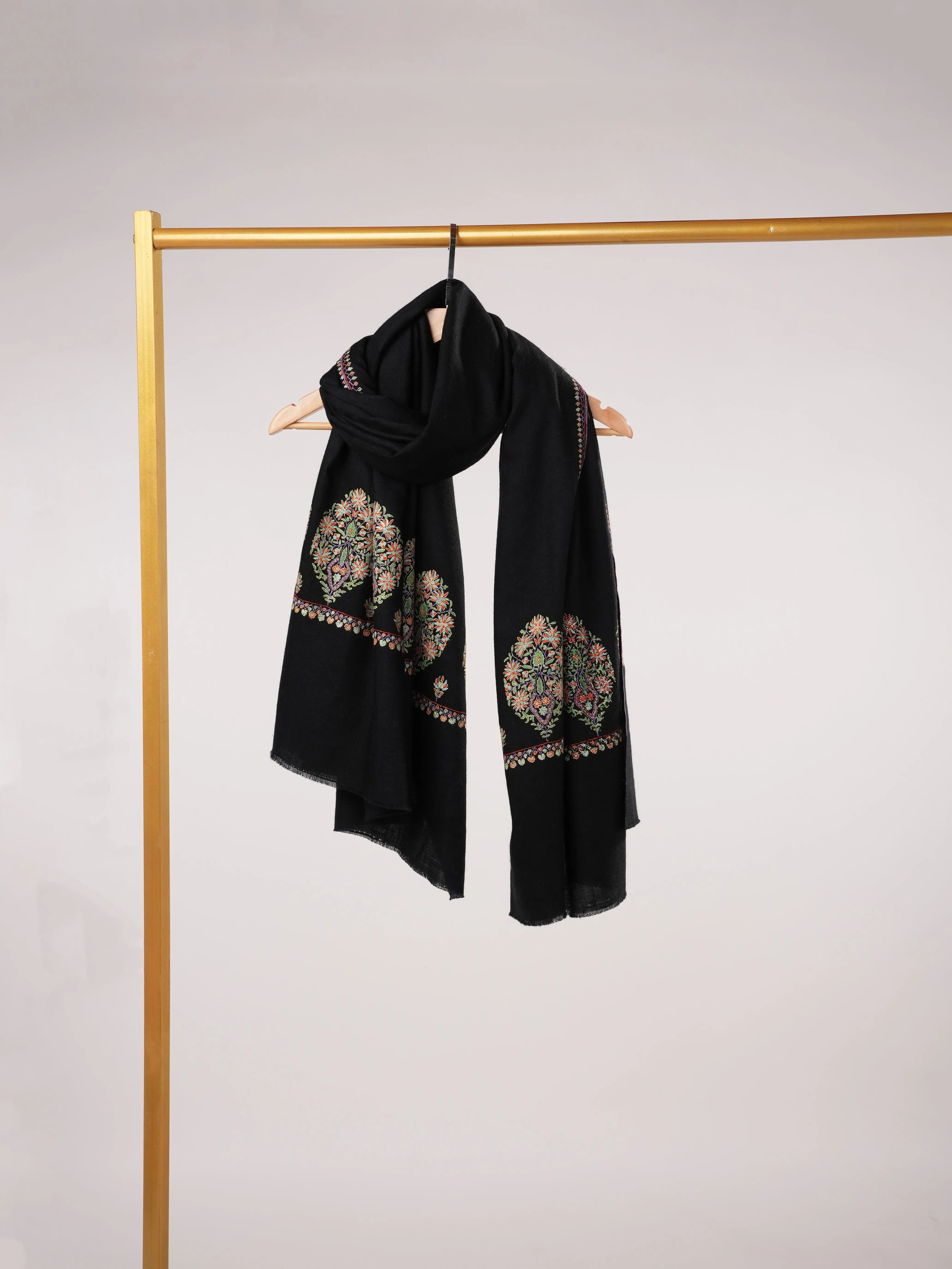 Kashmiri Handwoven Pashmina Black Shawl with Hand Sozni Palldar Embroidery Shahkaar.com