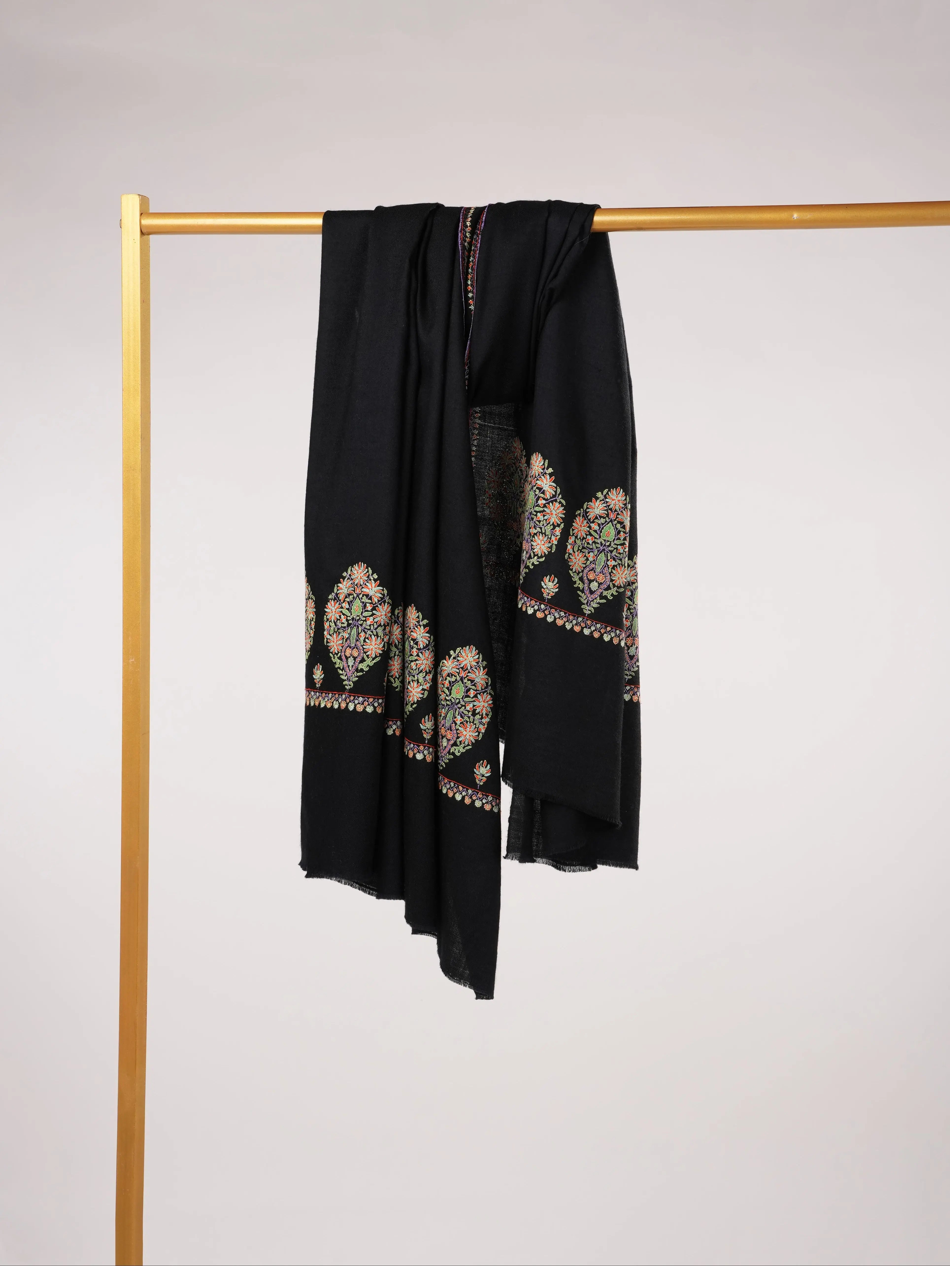 Kashmiri Handwoven Pashmina Black Shawl with Hand Sozni Palldar Embroidery Shahkaar.com