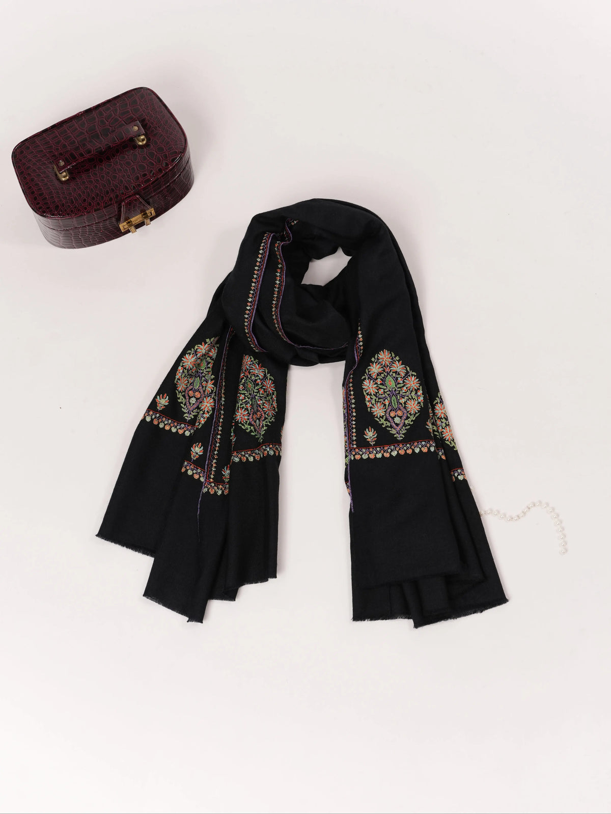 Kashmiri Handwoven Pashmina Black Shawl with Hand Sozni Palldar Embroidery Shahkaar.com