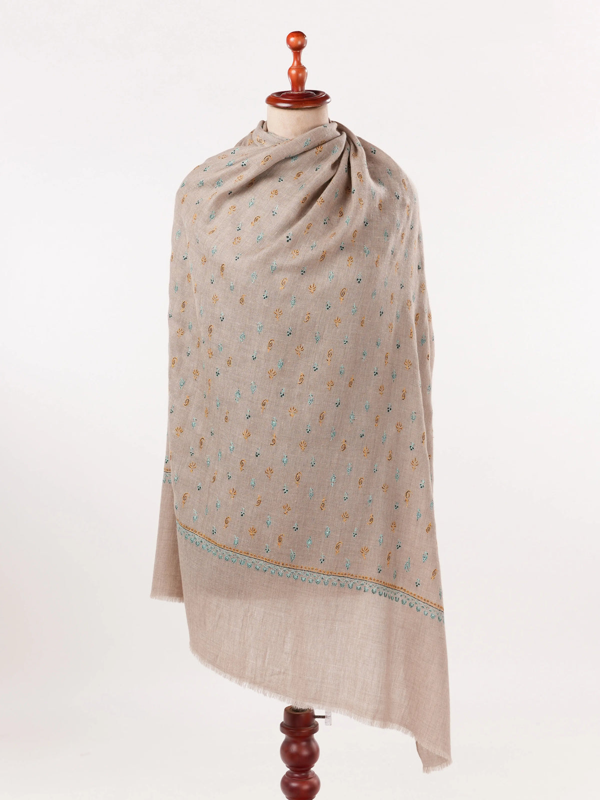 Sozni Buteh Embroidered Natural Beige Original Handwoven Pashmina Shawl