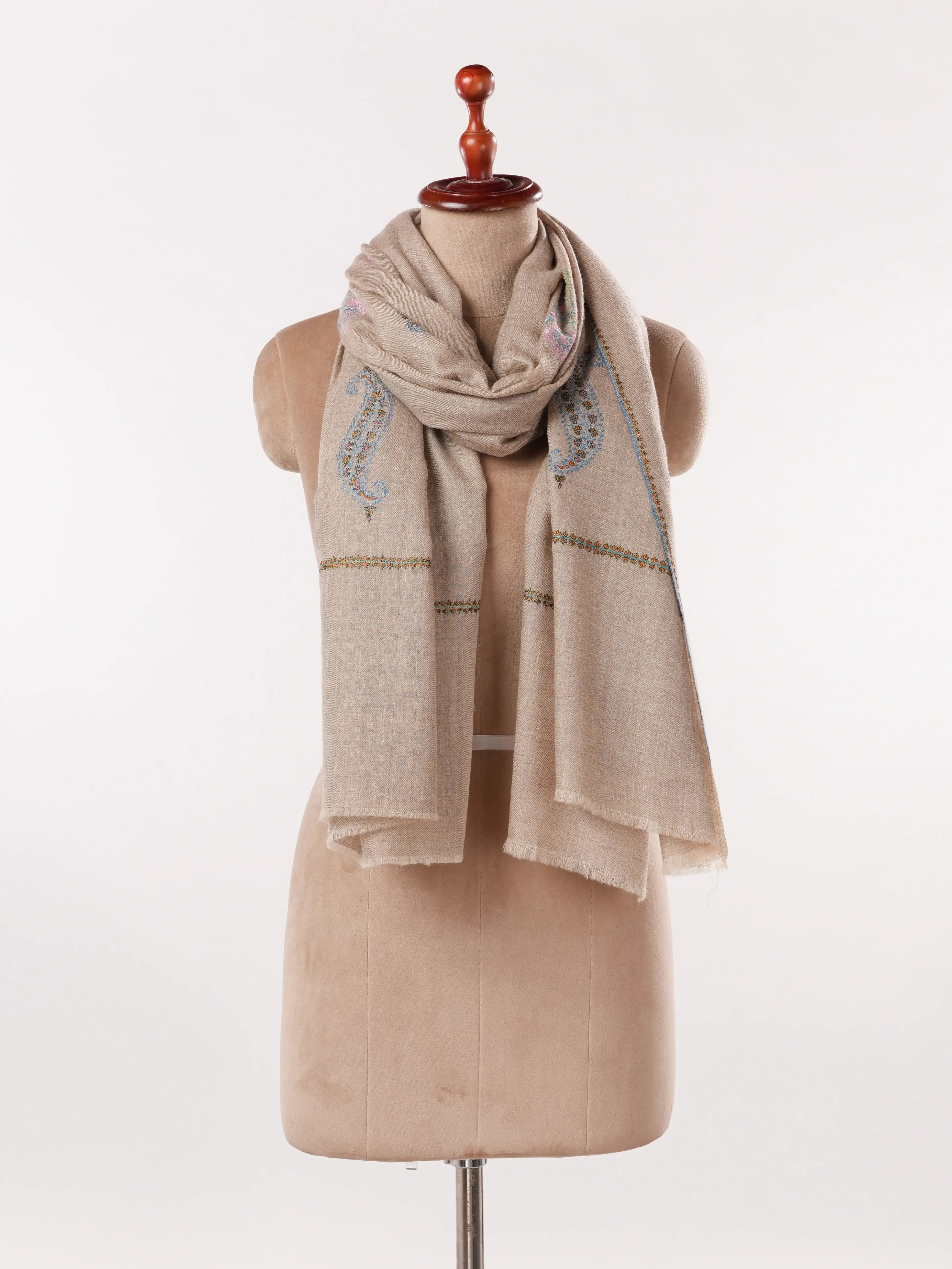 Beige Women's Kashmiri Soft Pashmina Shawl with Buteh Hand Sozni Embroidery Shahkaar.com
