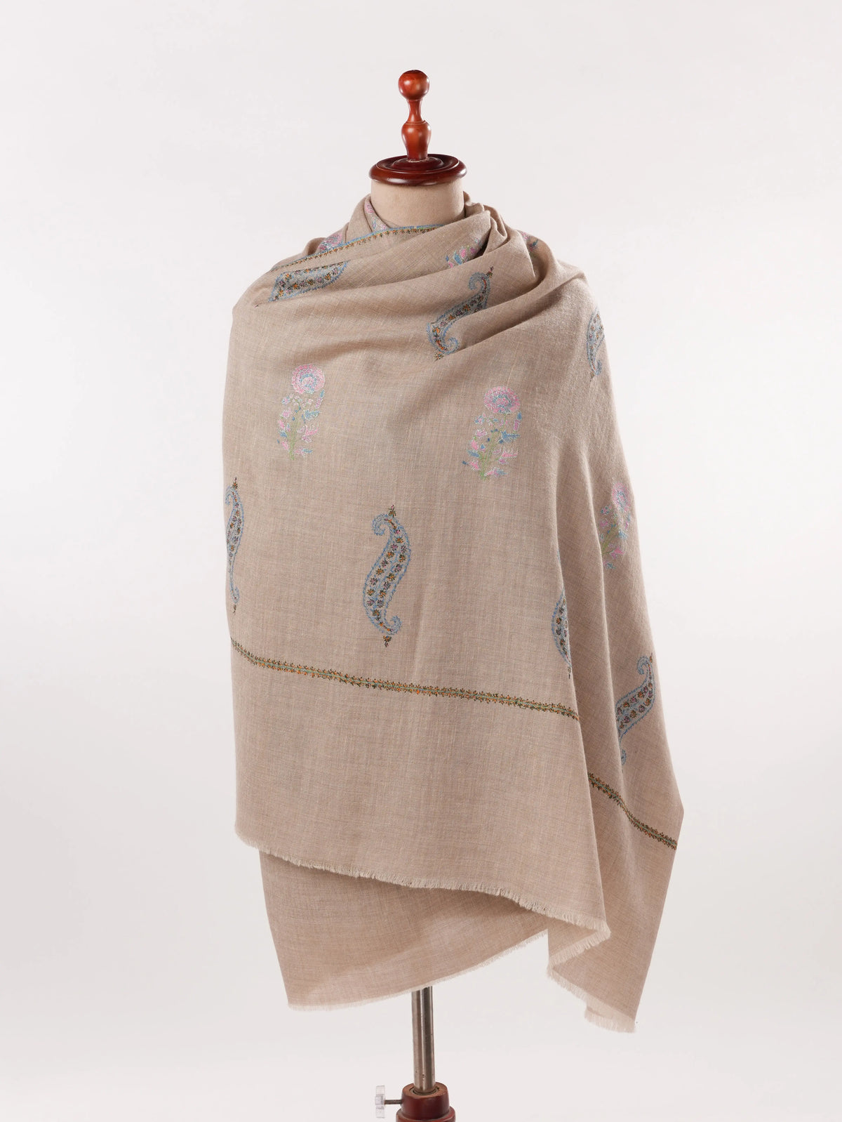 Beige Women's Kashmiri Soft Pashmina Shawl with Buteh Hand Sozni Embroidery Shahkaar.com