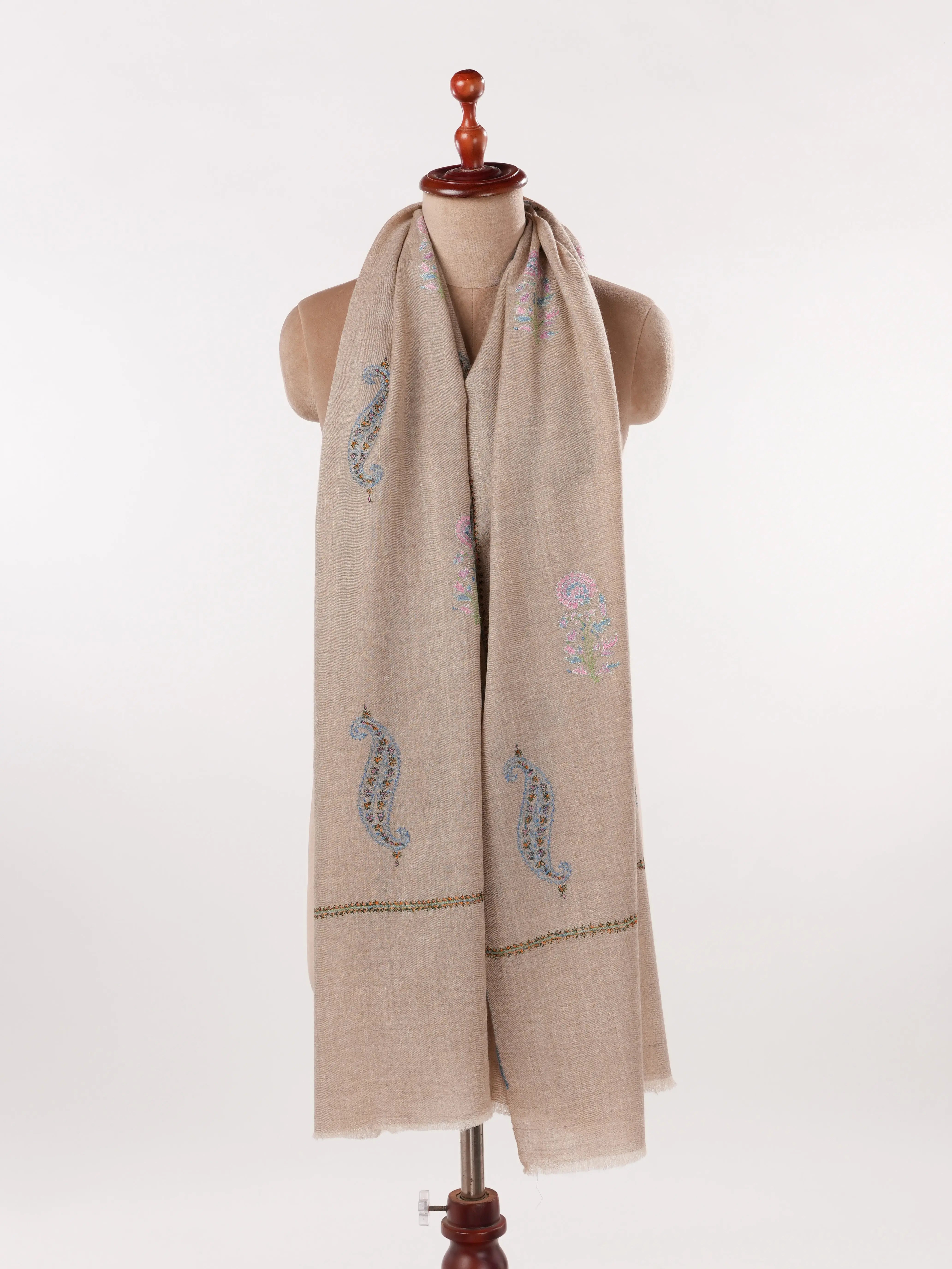 Beige Women's Kashmiri Soft Pashmina Shawl with Buteh Hand Sozni Embroidery Shahkaar.com