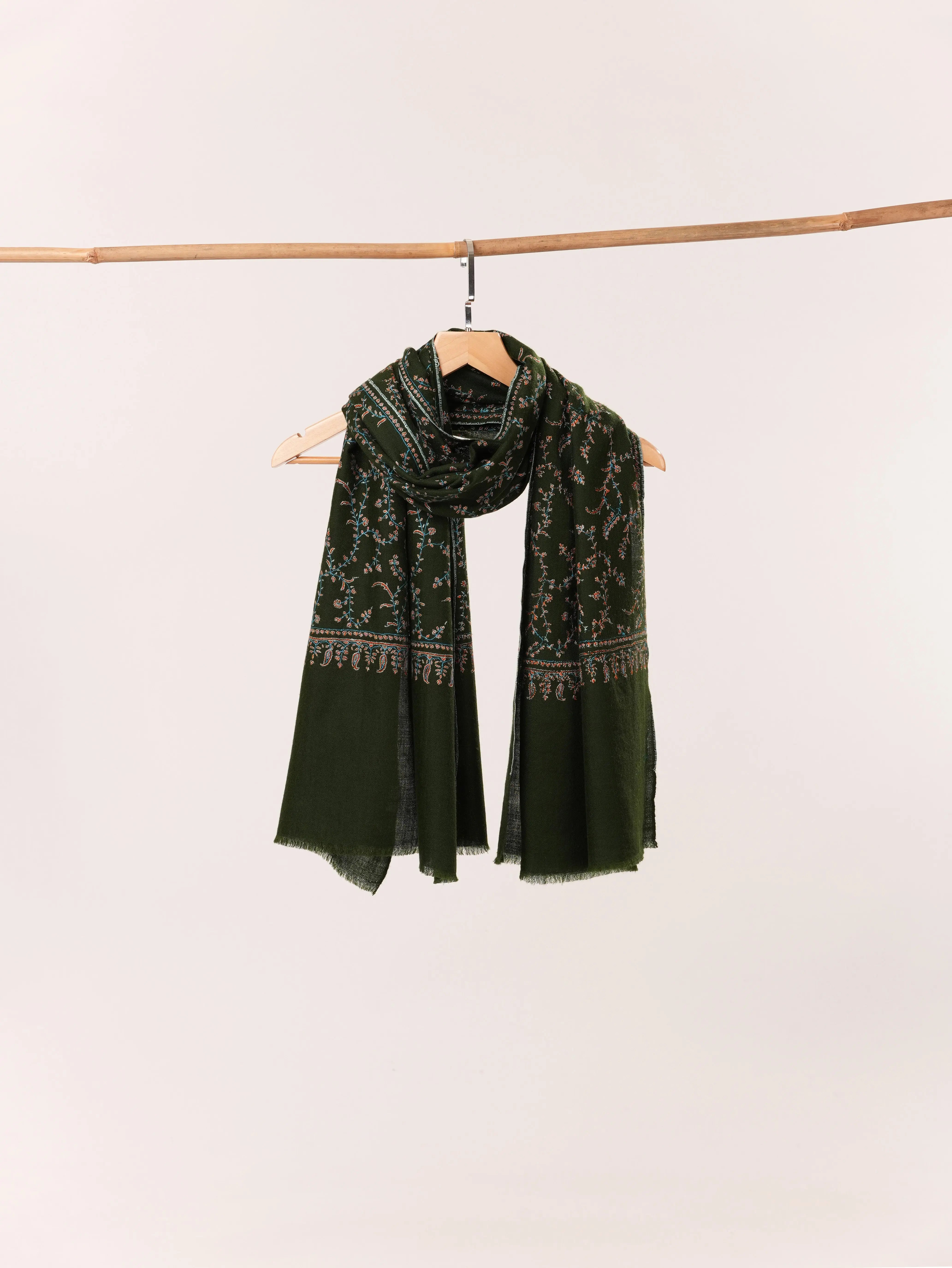 Sozni Jali Embroidery Dark Green Handwoven Kashmiri Cashmere Scarf Shahkaar.com
