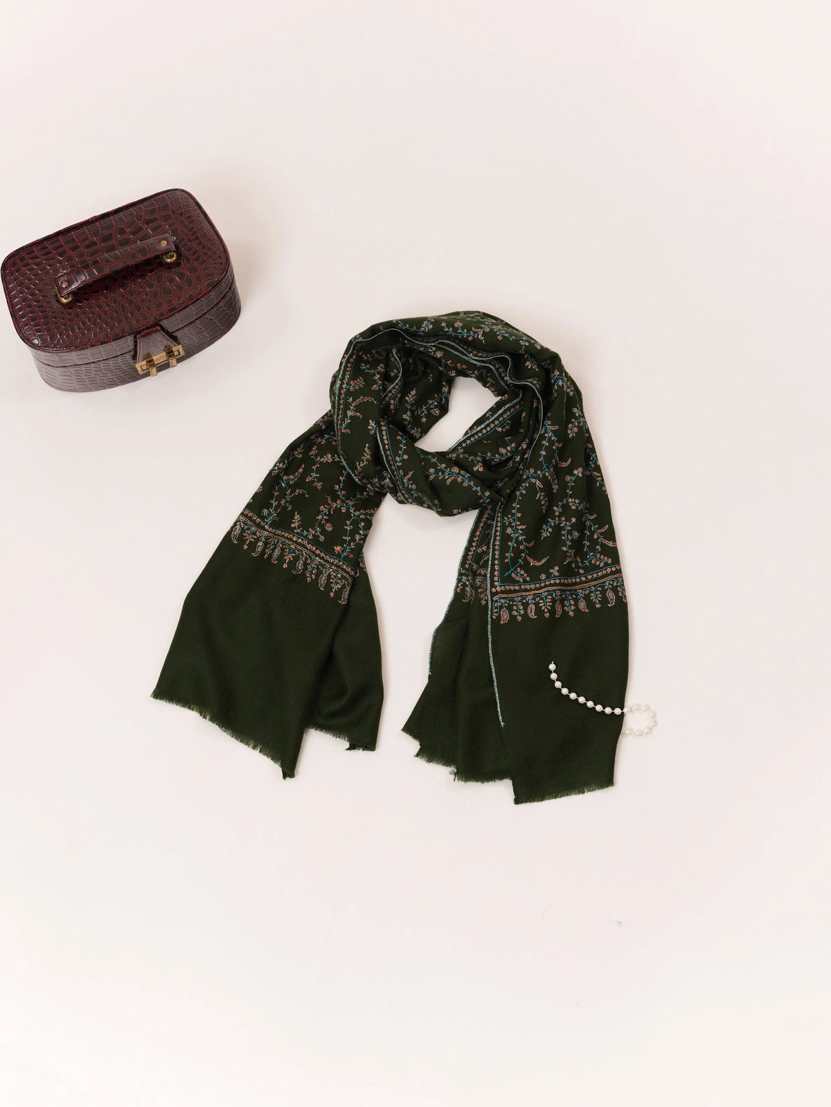 Sozni Jali Embroidery Dark Green Handwoven Kashmiri Cashmere Scarf Shahkaar.com