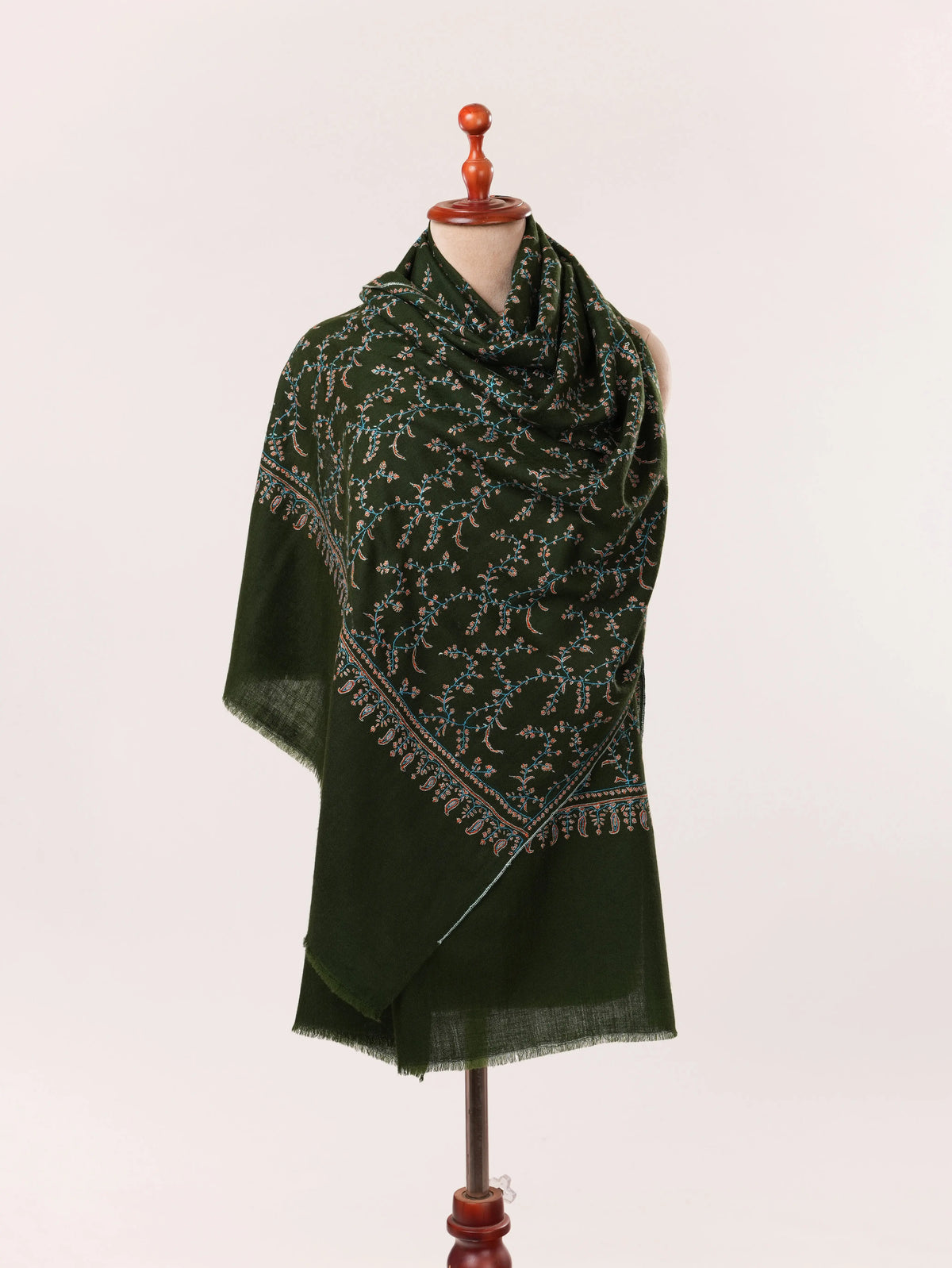 Sozni Jali Embroidery Dark Green Handwoven Kashmiri Cashmere Scarf Shahkaar.com