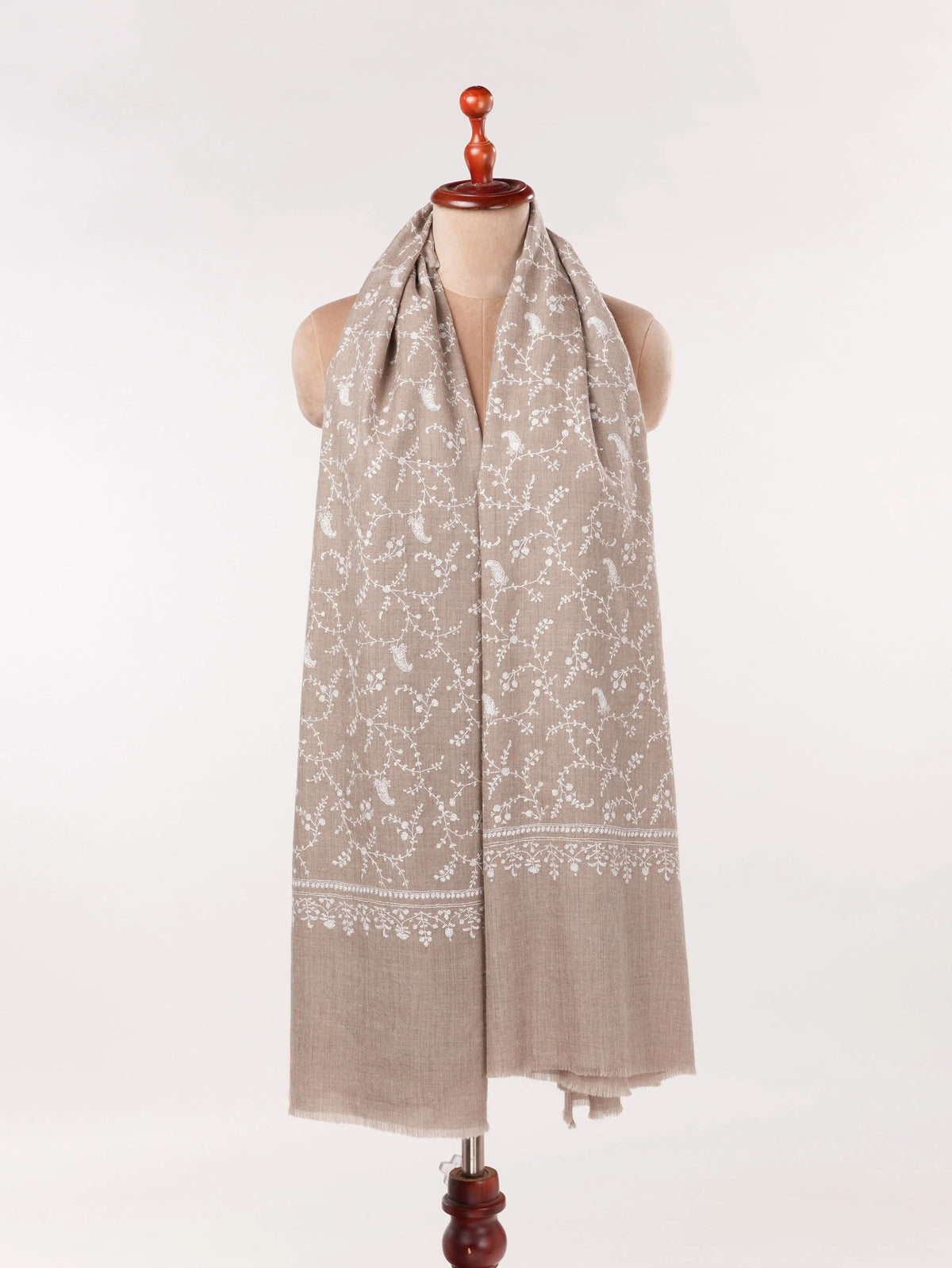 White Jali Hand Embroidered Natural Taupe Kashmiri Handwoven Pashmina Shawl Shahkaar.com