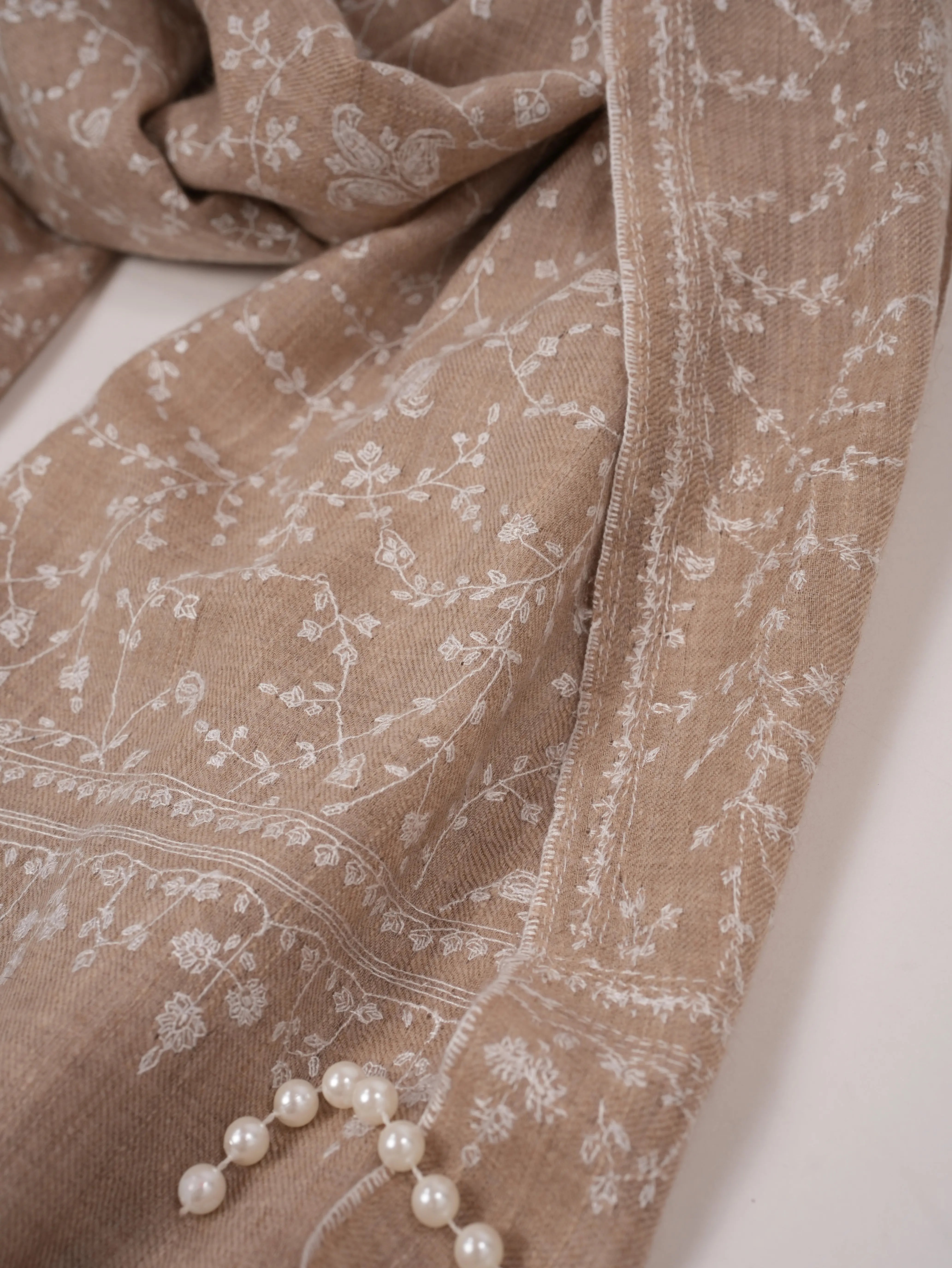 White Hand Embroidered Jali Natural White Kashmiri Handwoven Pashmina Shawl Shahkaar.com