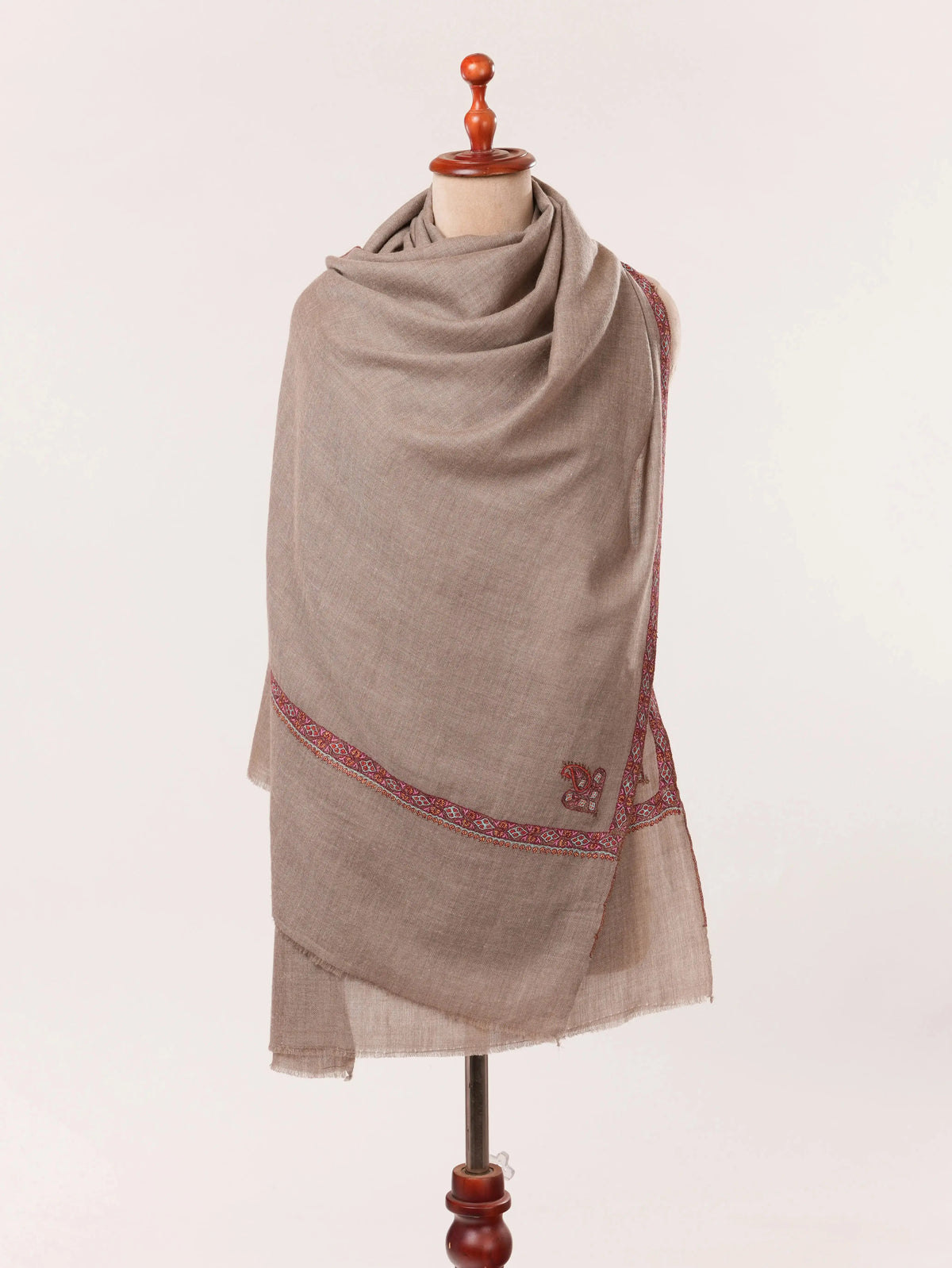 Natural Taupe Hashidar Scarf in Cashmere with Sozni Embroidery Shahkaar.com