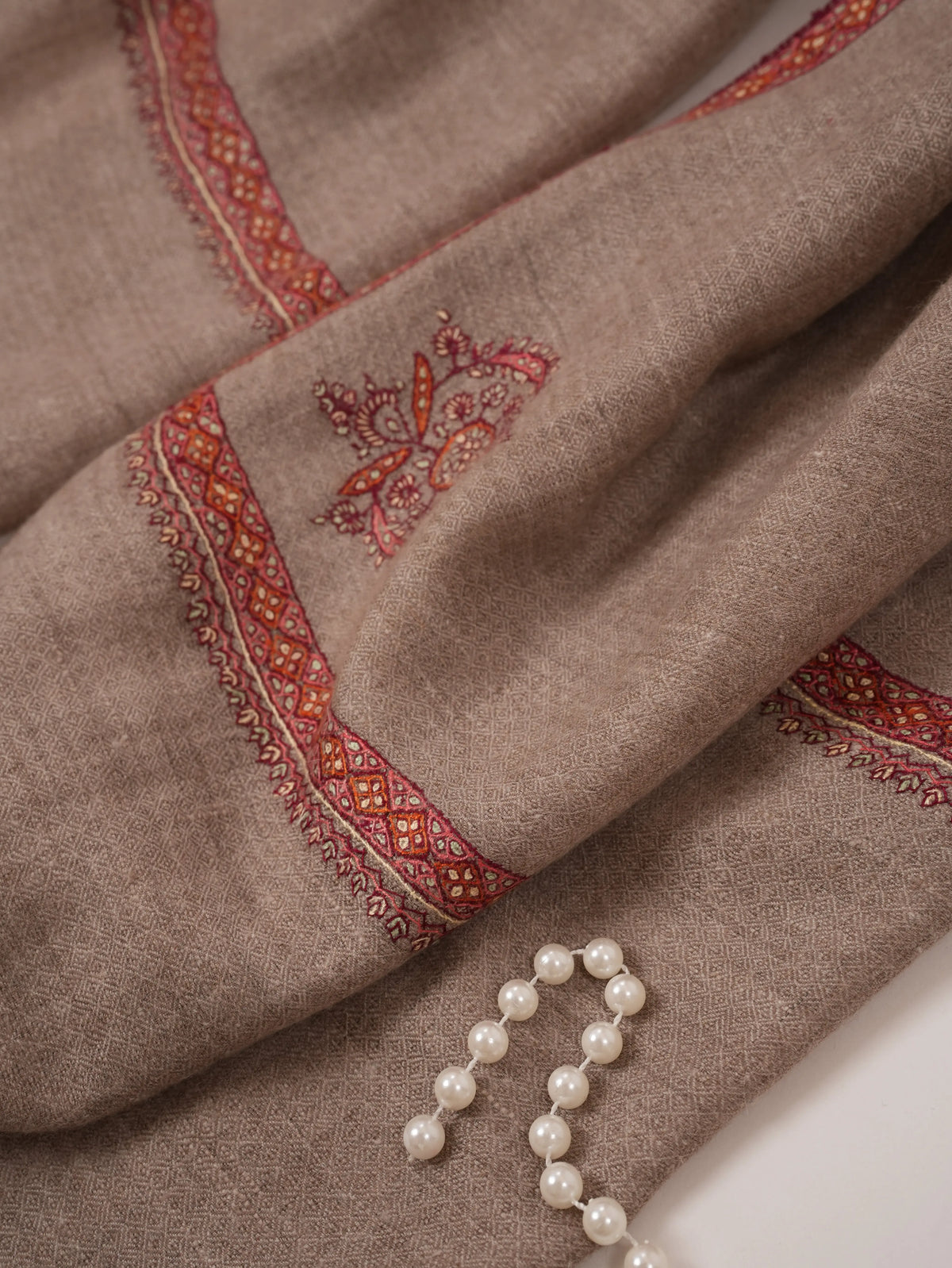Natural Taupe Cashmere Scarf Featuring Hashia Hand Sozni Embroidery from Kashmiri Shahkaar.com