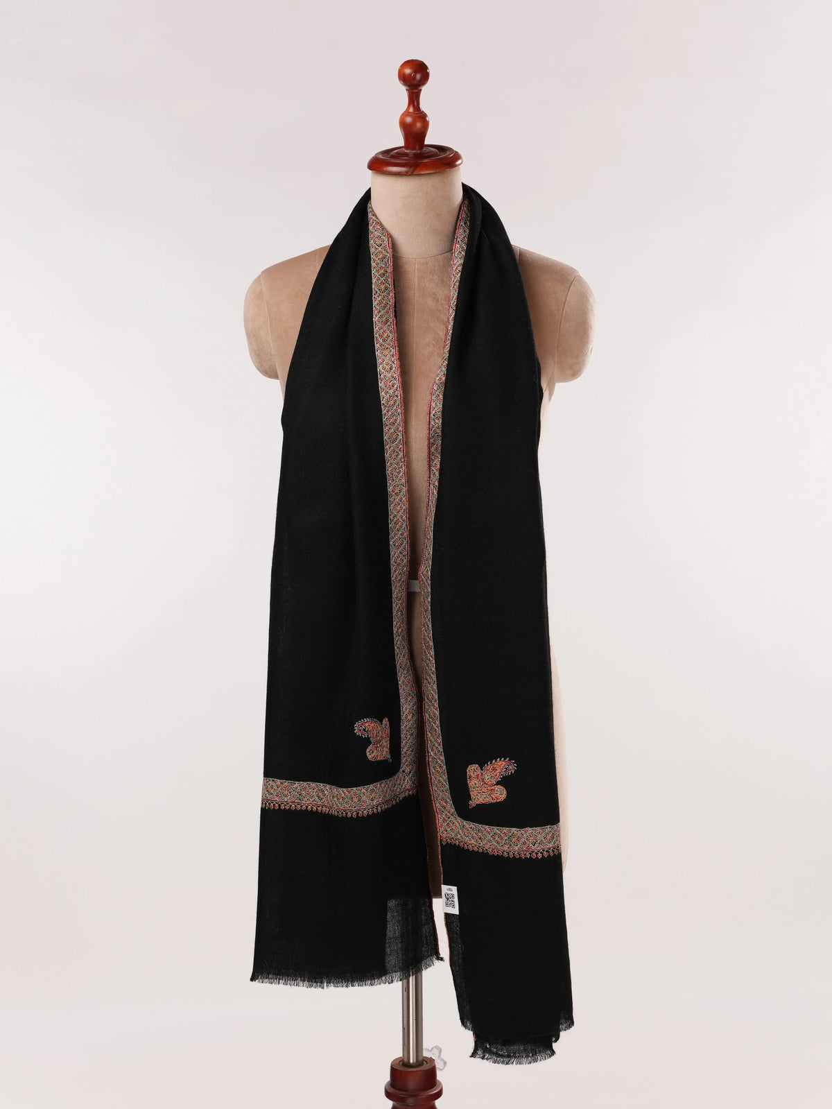 Black Handwoven Soft Cashmere Scarf with Kashmiri Hashia Sozni Embroidery Shahkaar.com