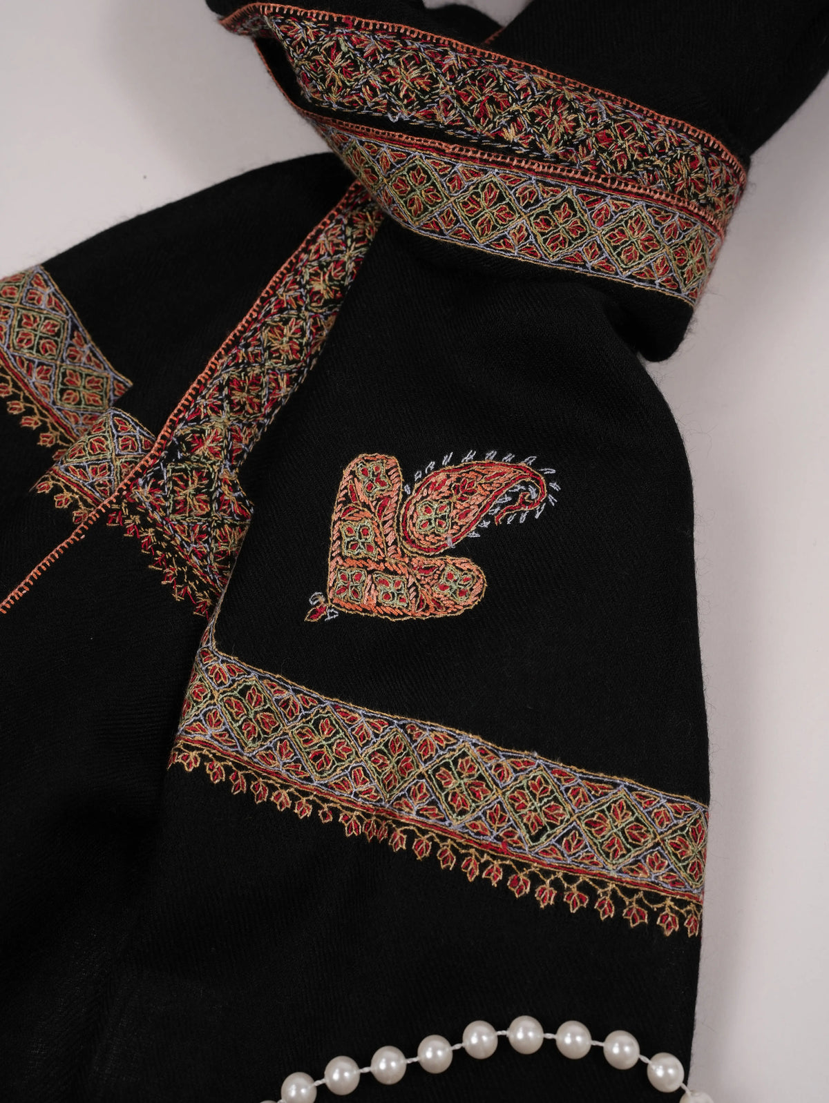 Black Handwoven Soft Cashmere Scarf with Kashmiri Hashia Sozni Embroidery Shahkaar.com