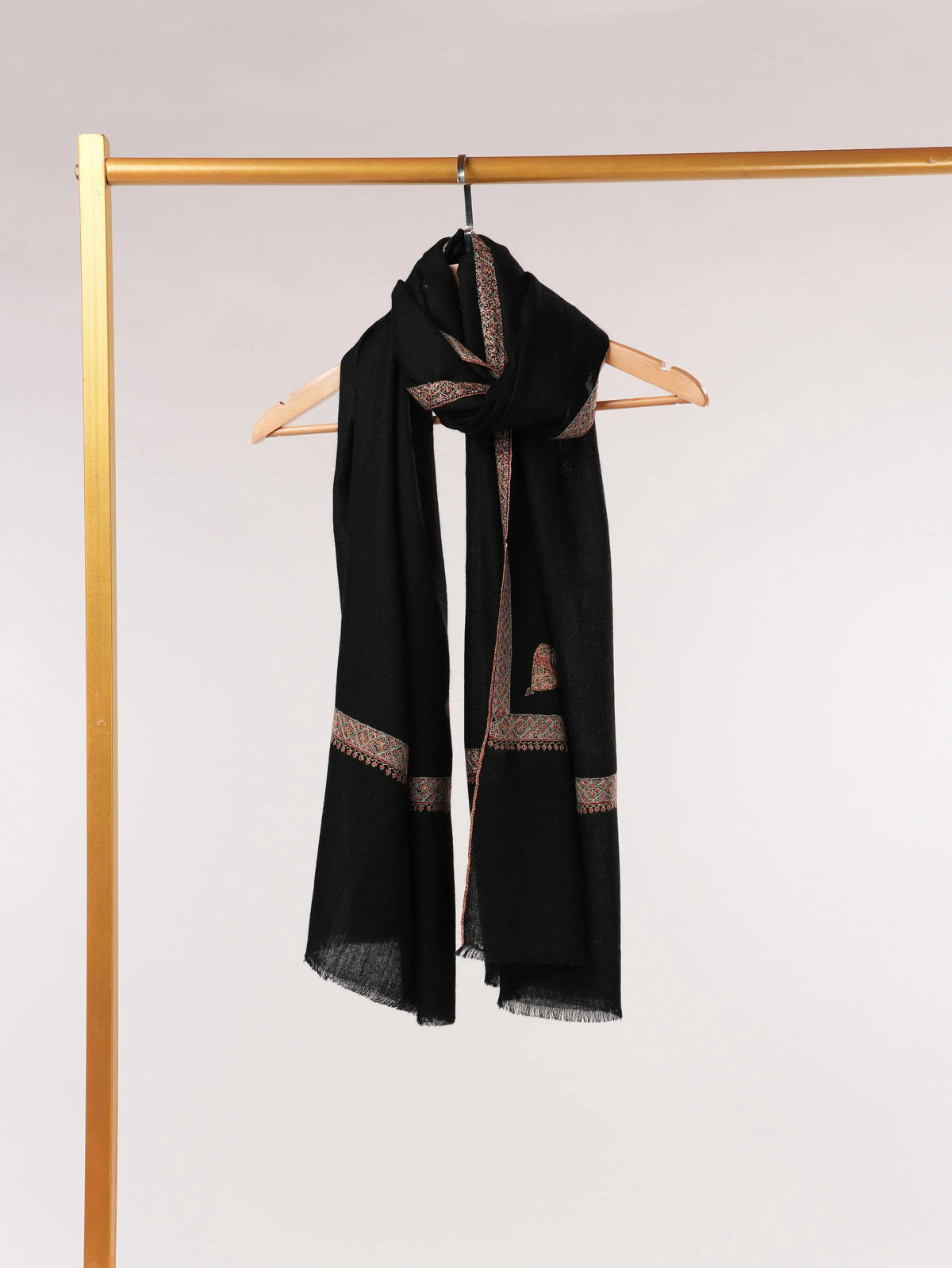 Black Handwoven Soft Cashmere Scarf with Kashmiri Hashia Sozni Embroidery Shahkaar.com