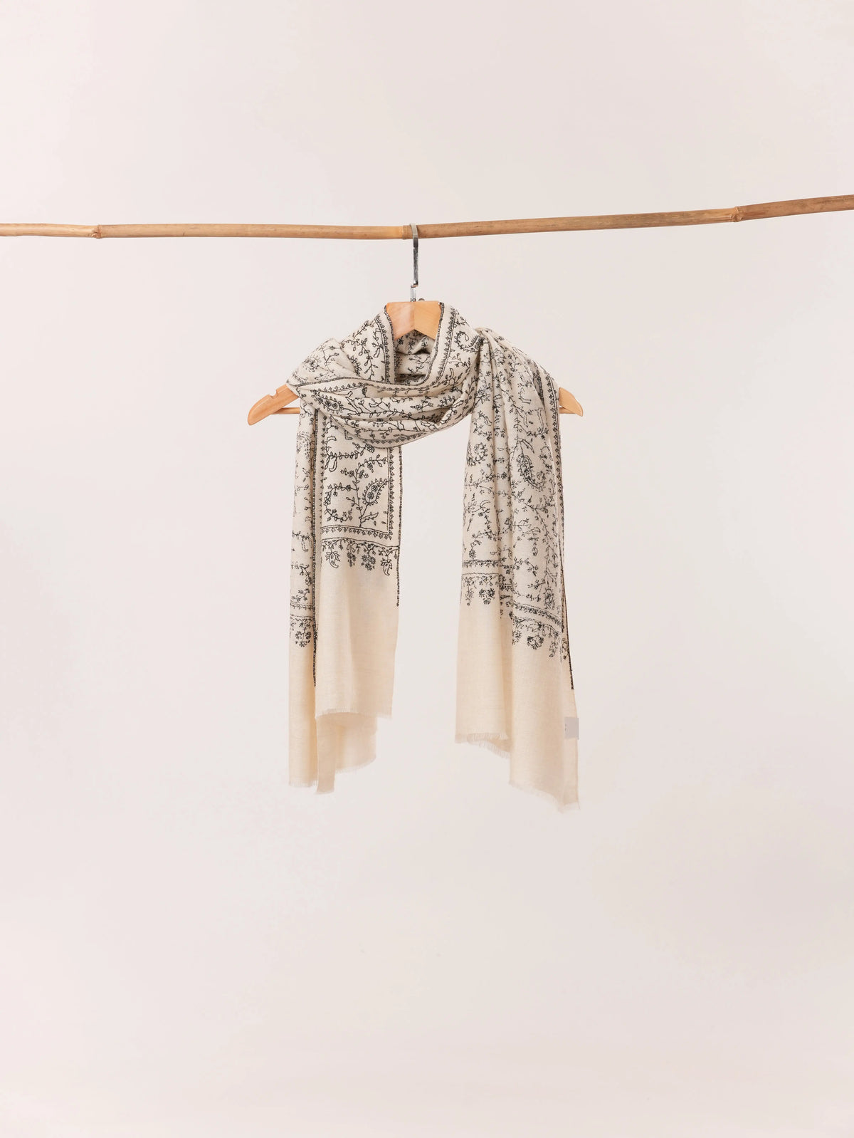 Natural White Cashmere Scarf Handwoven in Kashmir with Black Sozni Jali Embroidery Shahkaar.com