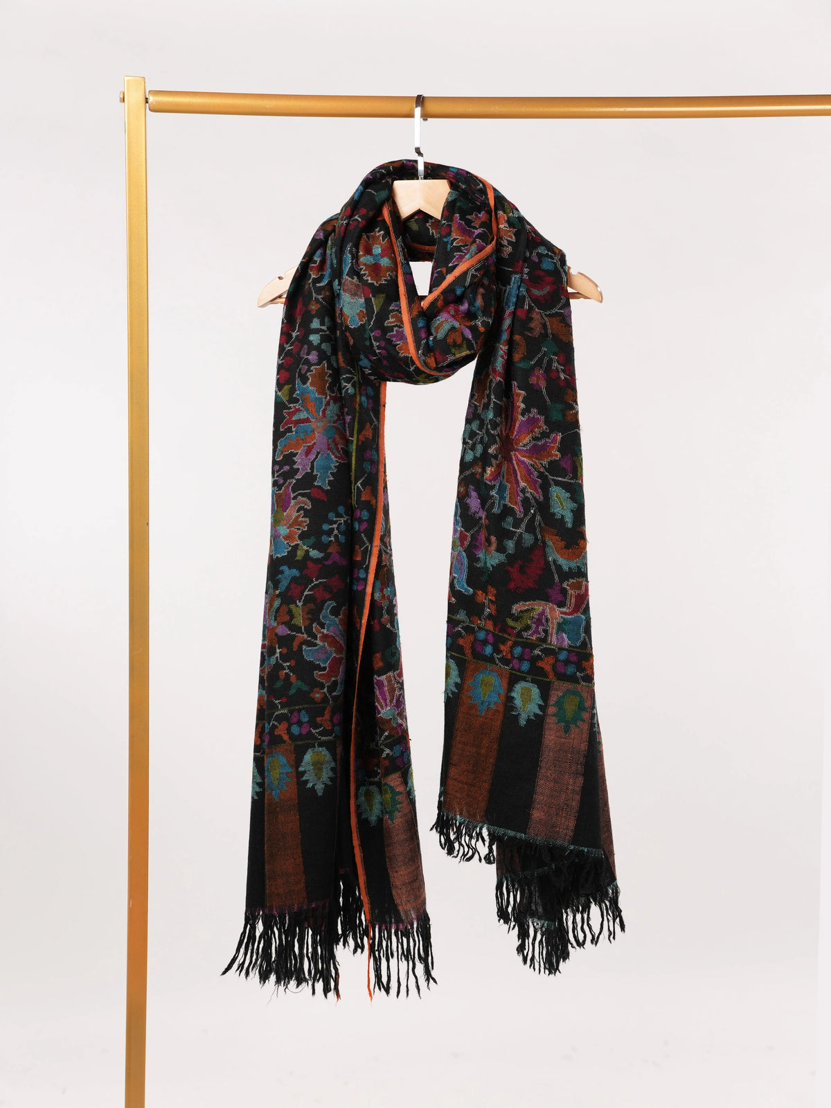 Kashmiri Black Kani Handwoven Authentic Long Pashmina Shawl