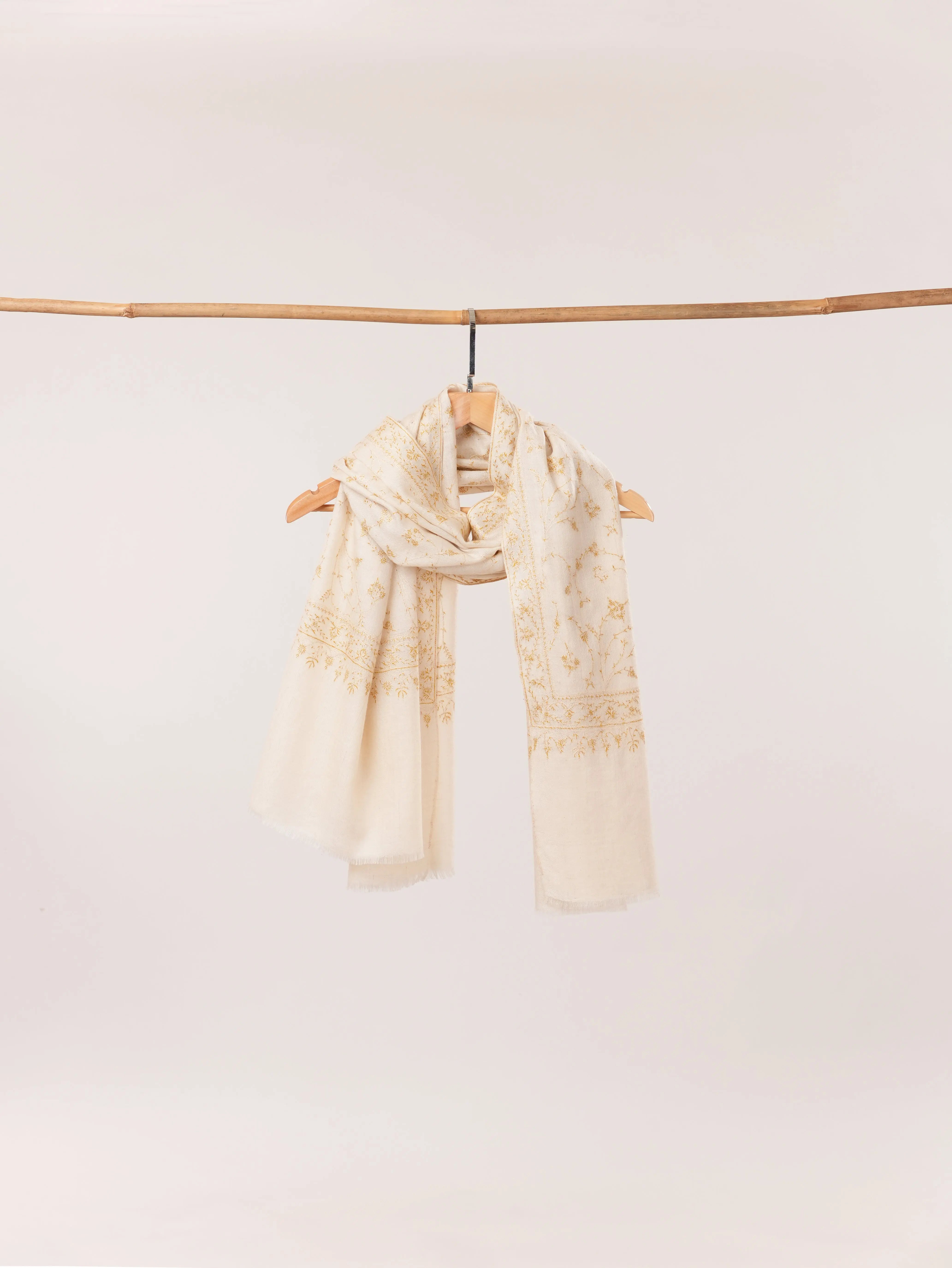 Natural White Kashmiri Handwoven Pashmina Shawl with Jali Hand Sozni Embroidery Shahkaar.com