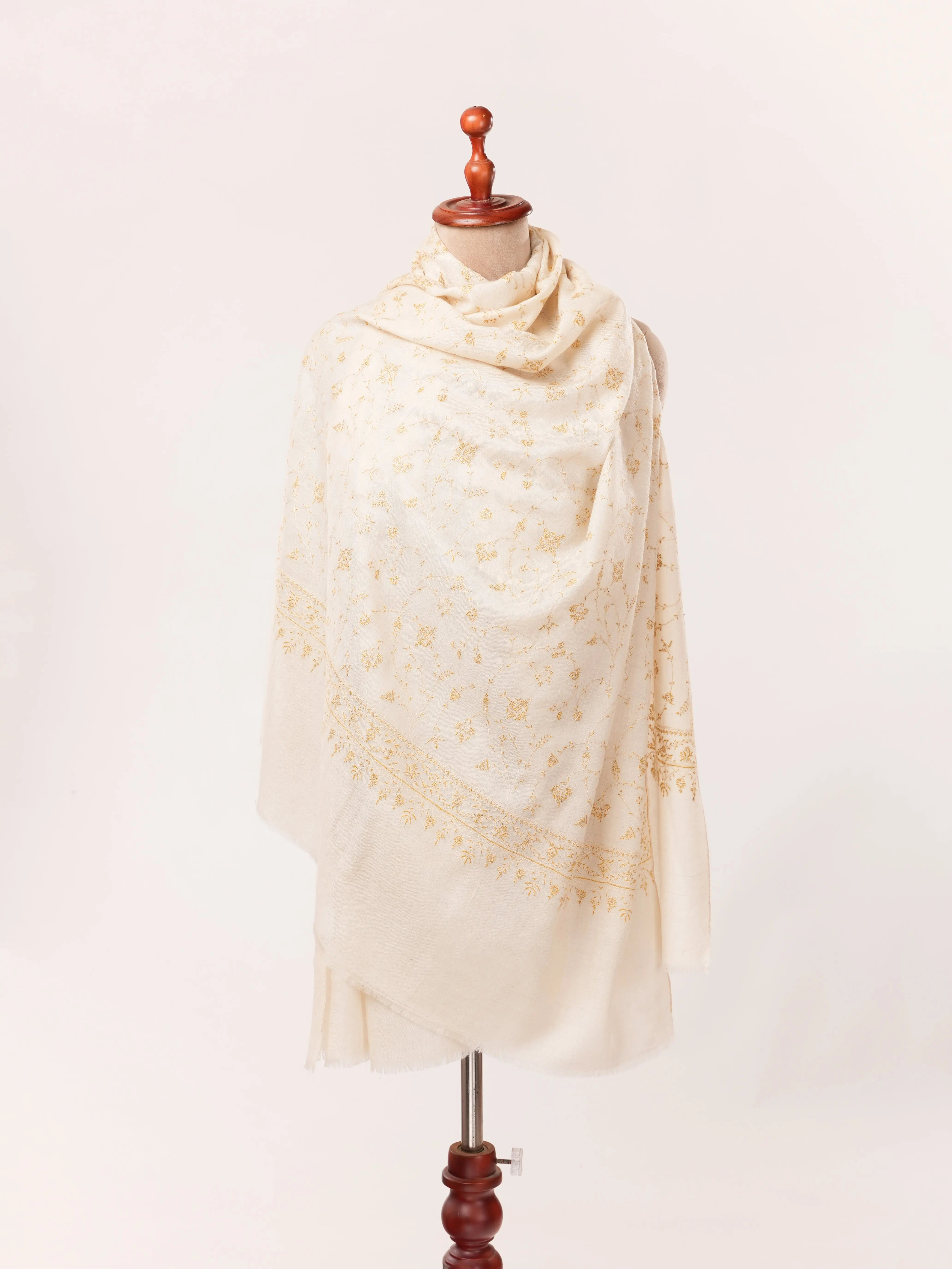 Natural White Kashmiri Handwoven Pashmina Shawl with Jali Hand Sozni Embroidery Shahkaar.com