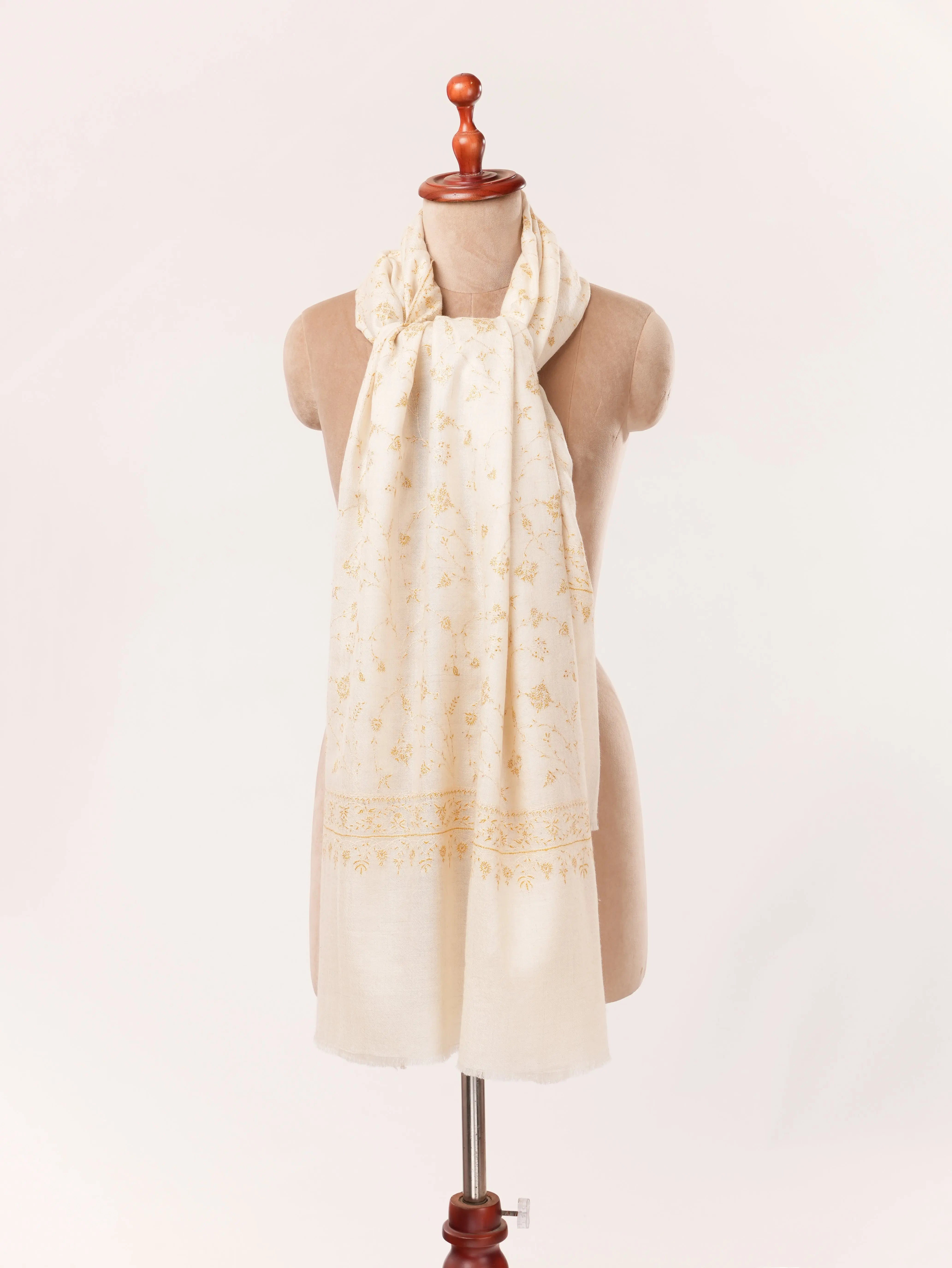 Natural White Kashmiri Handwoven Pashmina Shawl with Jali Hand Sozni Embroidery Shahkaar.com