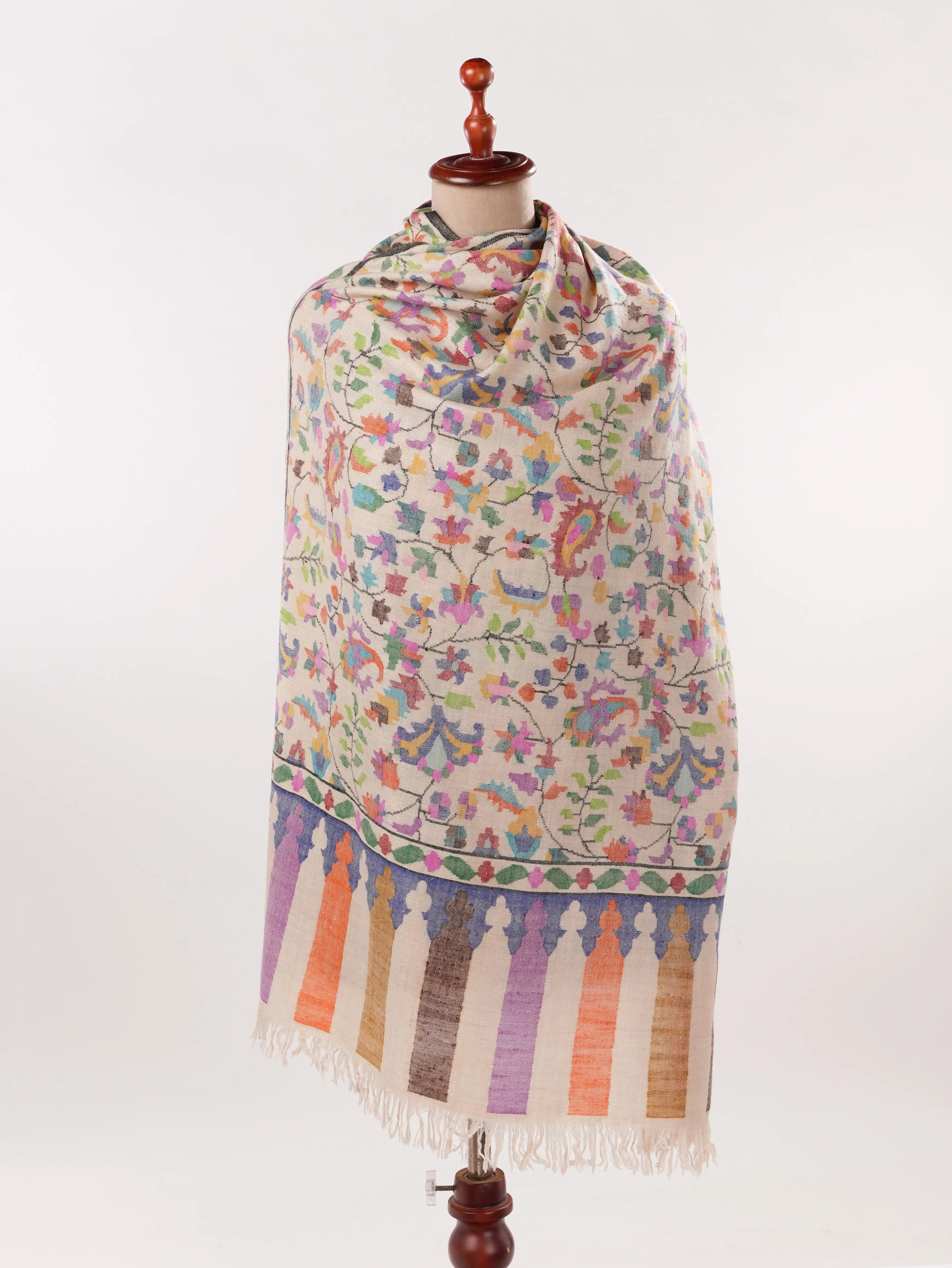 Natural White Kani Handwoven Genuine Pashmina Shawl Shahkaar.com