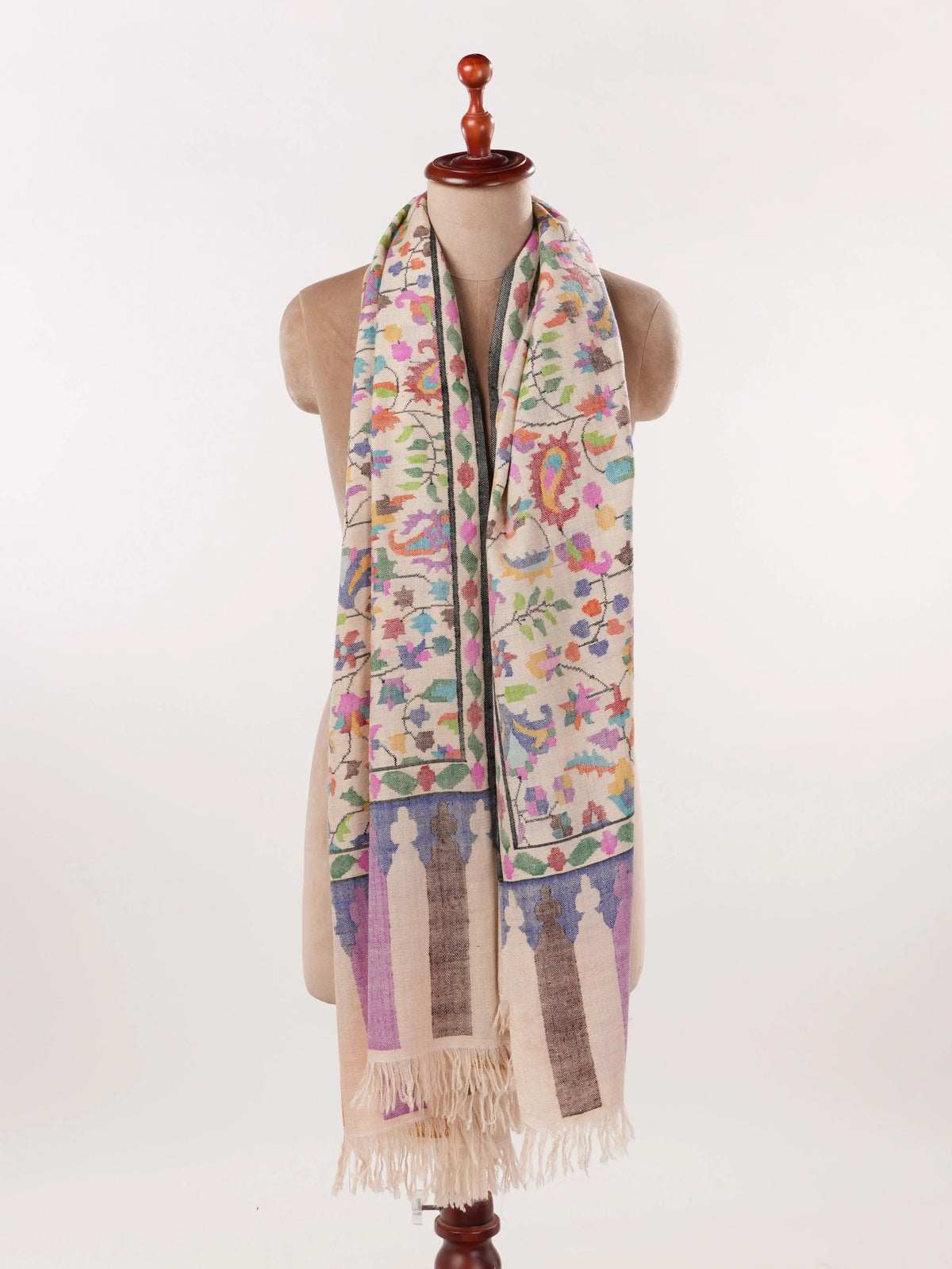 Natural White Kani Handwoven Genuine Pashmina Shawl Shahkaar.com
