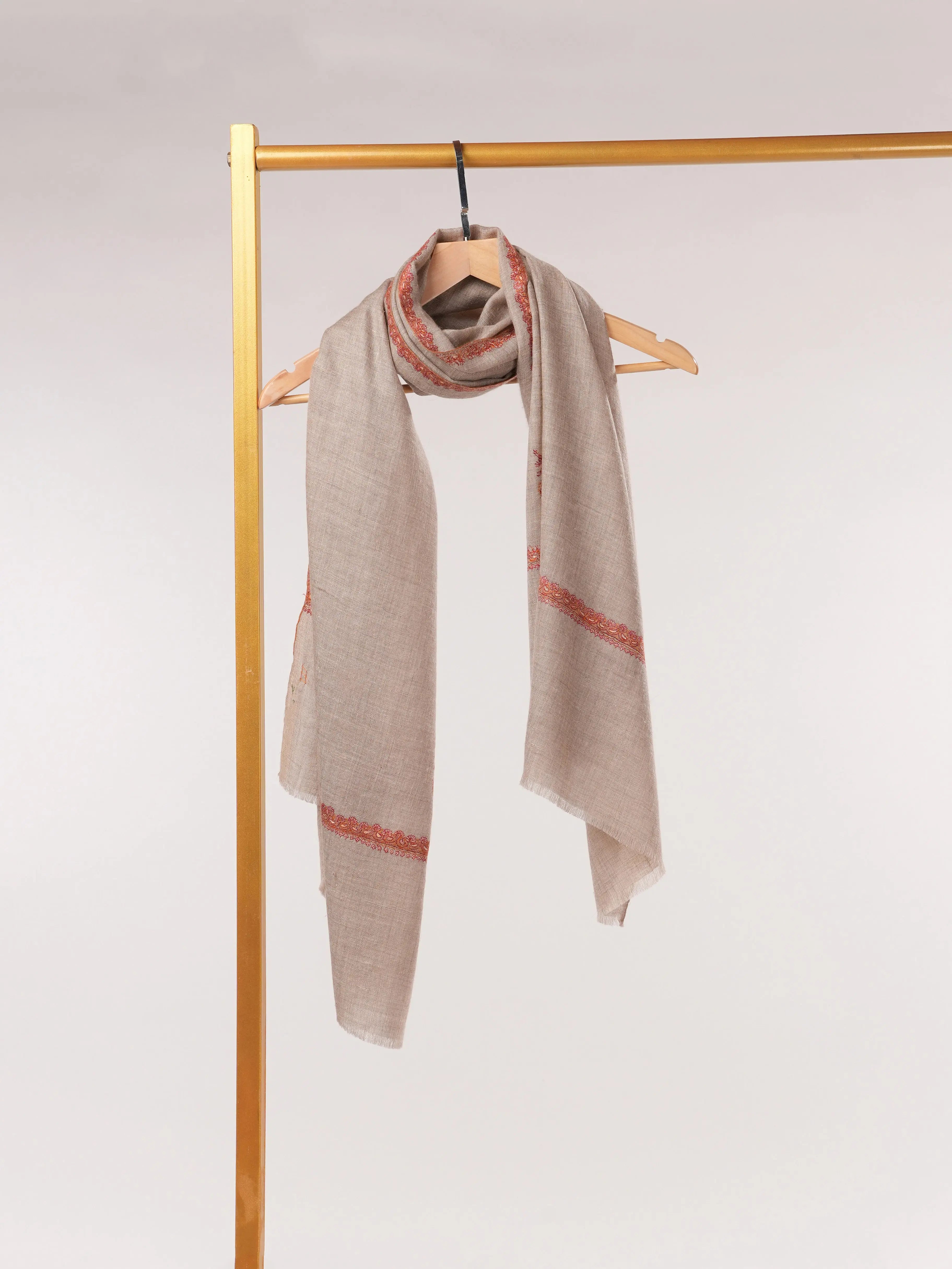 Natural Taupe Handwoven Original Cashmere Scarf with Hashia Sozni Embroidery Shahkaar.com