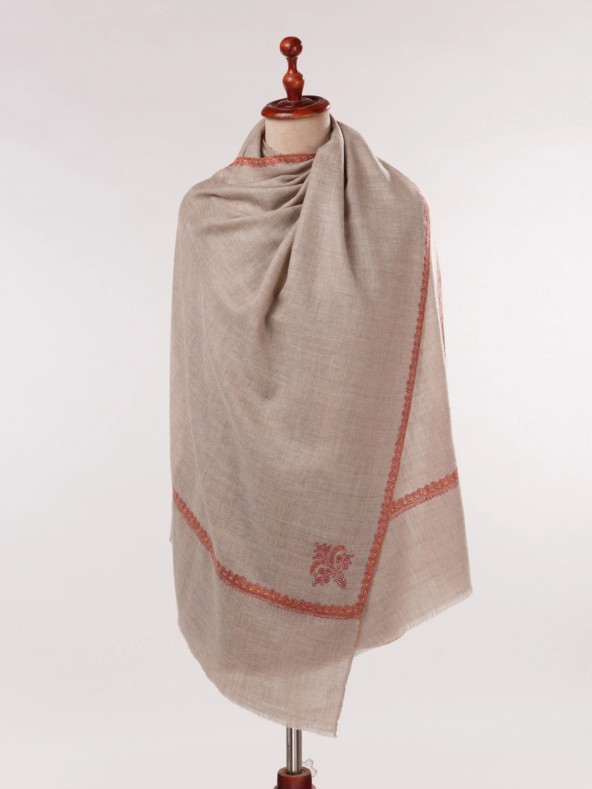 Natural Taupe Handwoven Original Cashmere Scarf with Hashia Sozni Embroidery Shahkaar.com