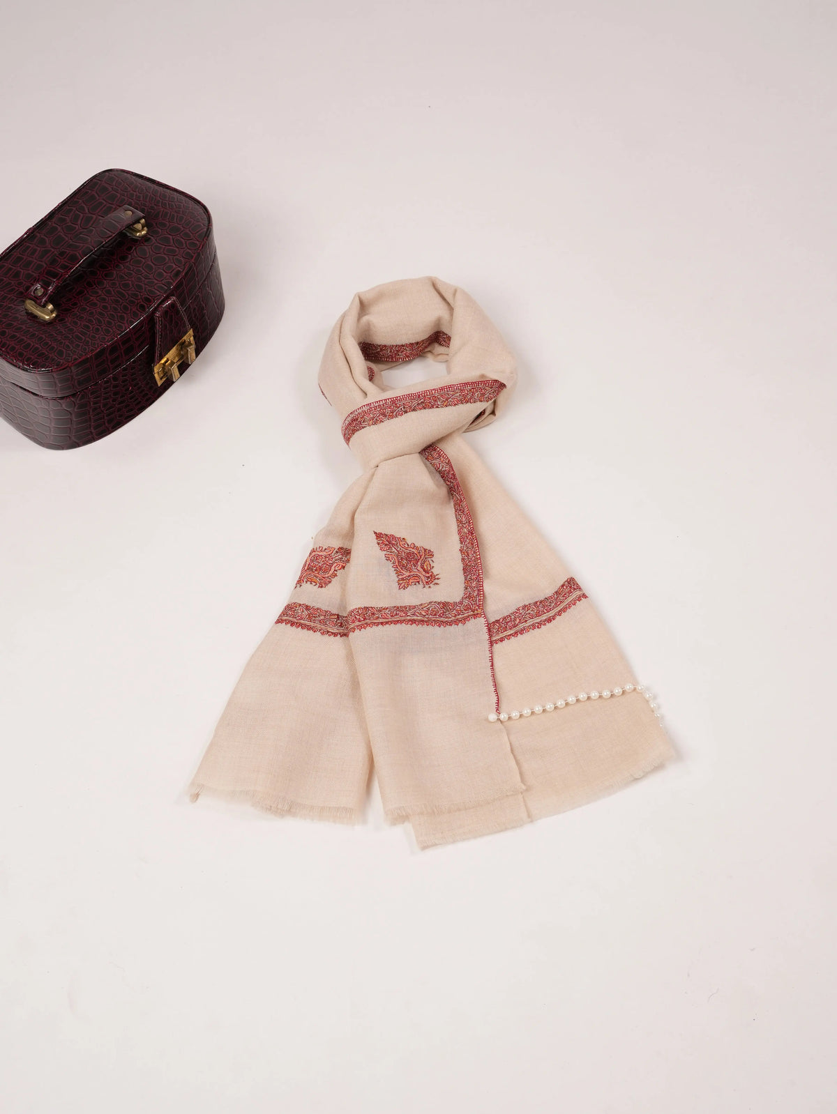 Natural White Cashmere Scarf with Hashia Classic Embroidery Shahkaar.com
