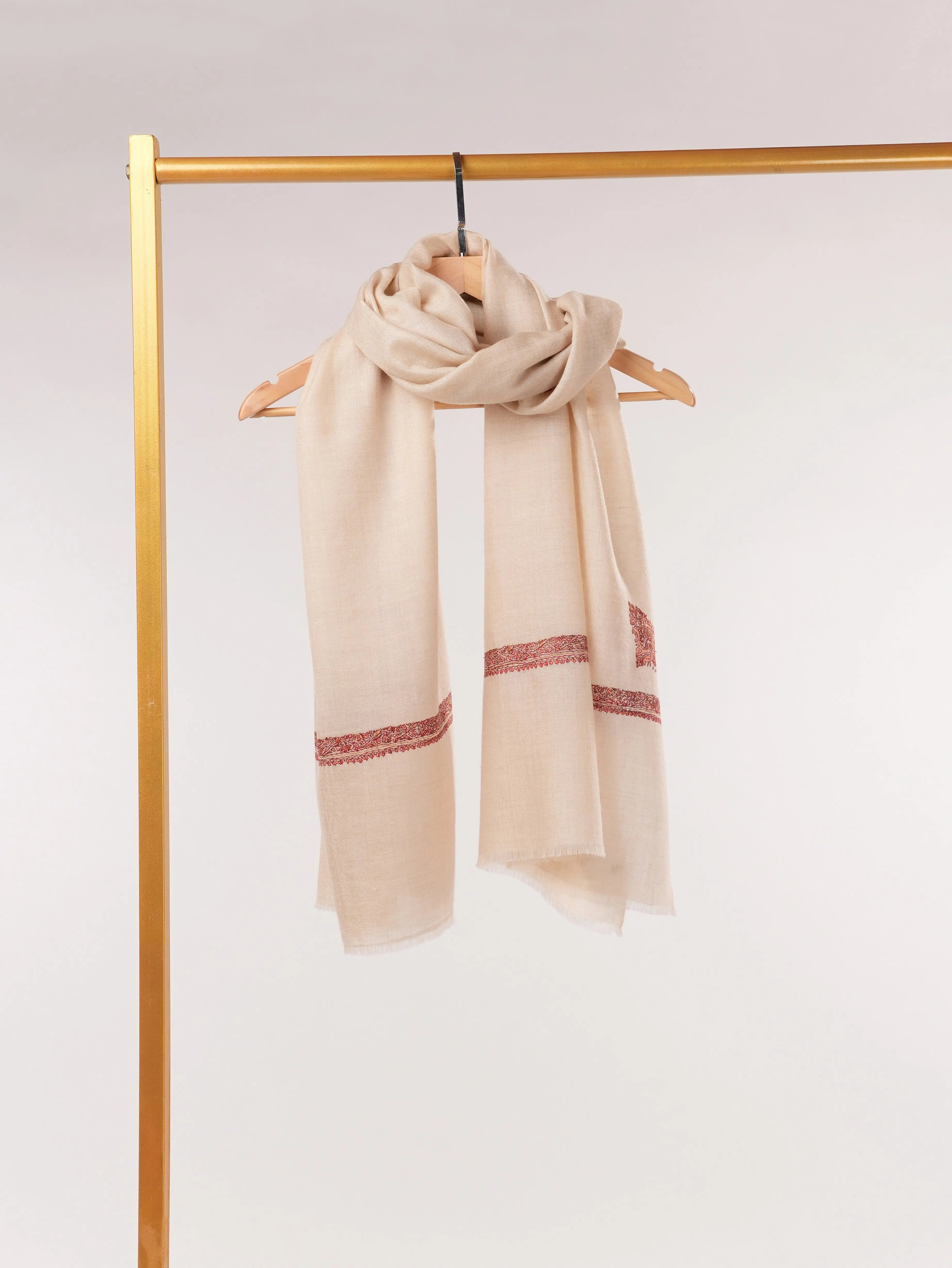 Natural White Cashmere Scarf with Hashia Classic Embroidery Shahkaar.com
