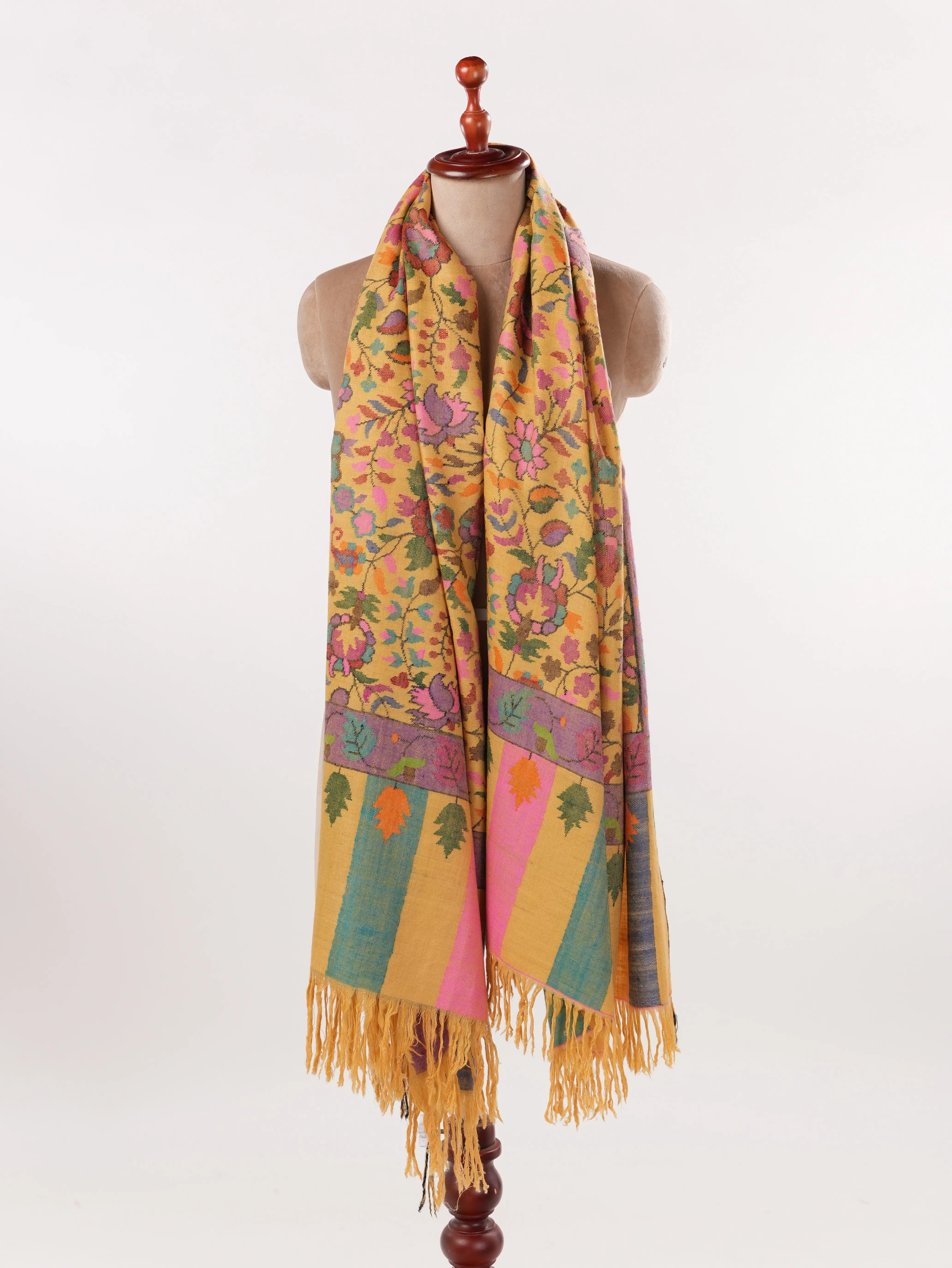 Handwoven Mustard Lightweight Pashmina Kani Shawl from Kashmir Shahkaar.com