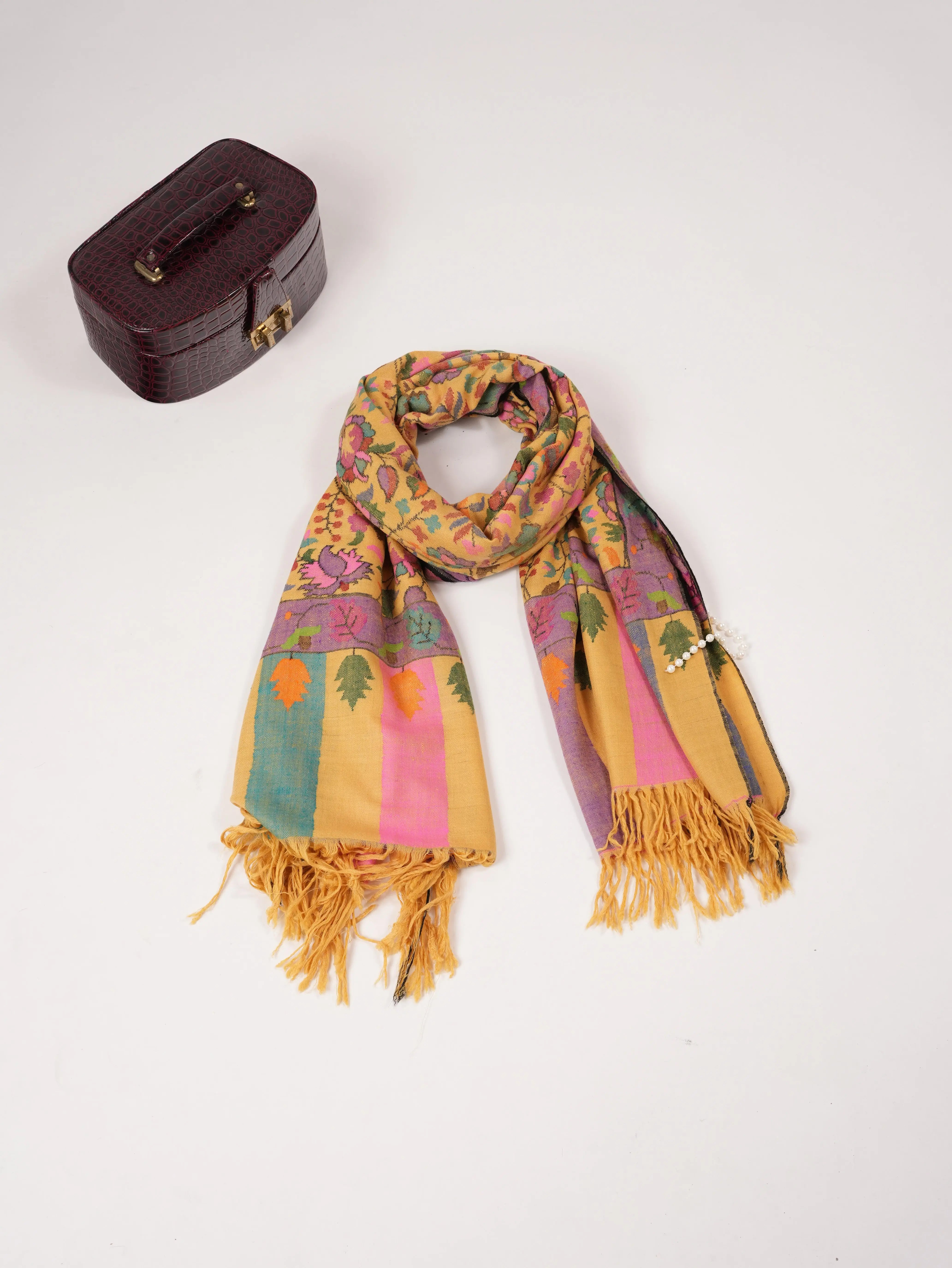 Handwoven Mustard Lightweight Pashmina Kani Shawl from Kashmir Shahkaar.com