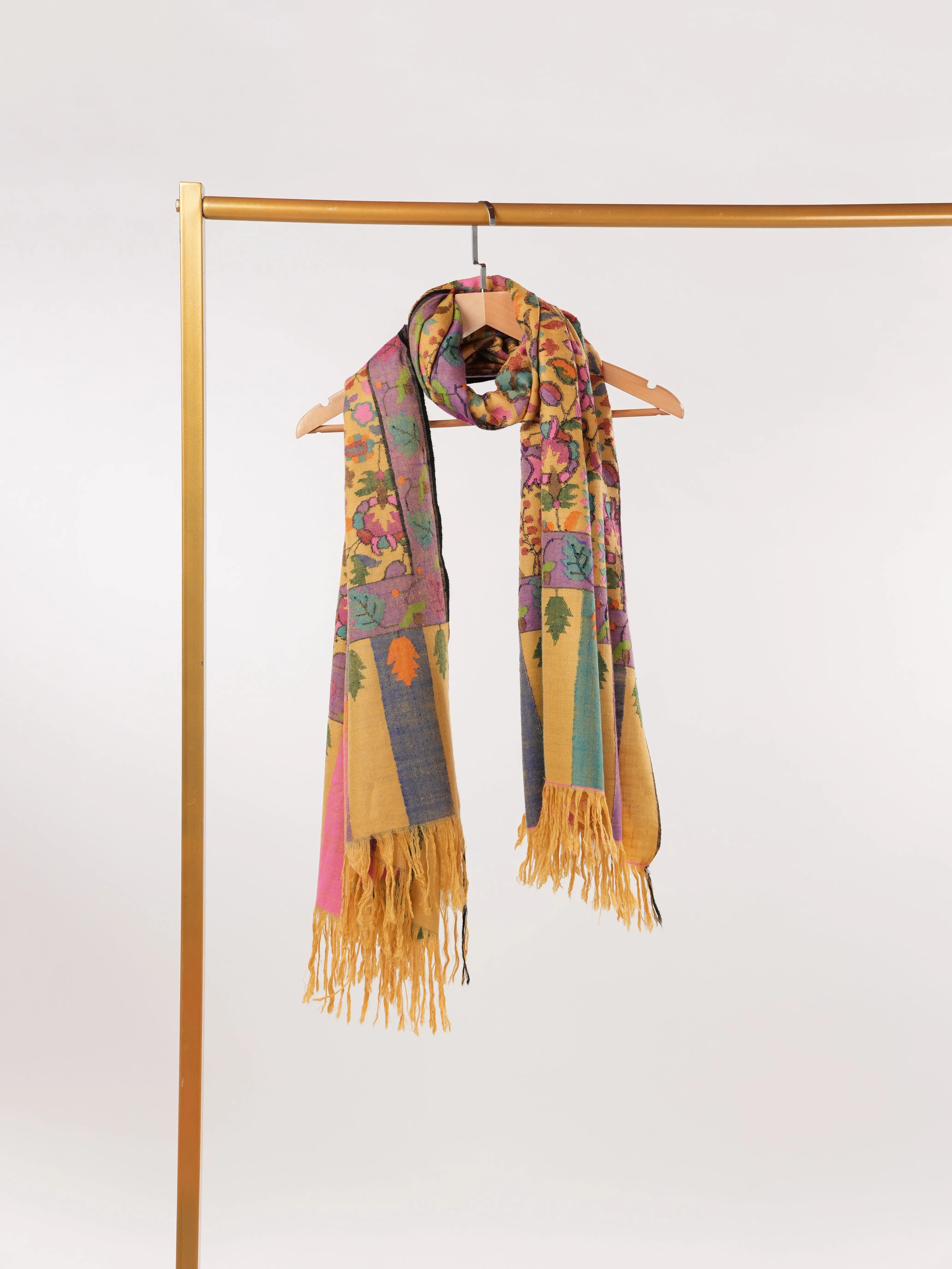 Handwoven Mustard Lightweight Pashmina Kani Shawl from Kashmir Shahkaar.com