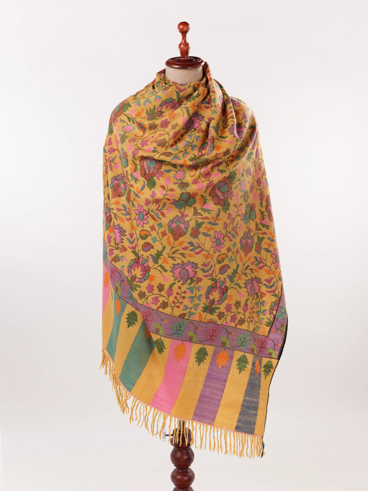 Handwoven Mustard Lightweight Pashmina Kani Shawl from Kashmir Shahkaar.com
