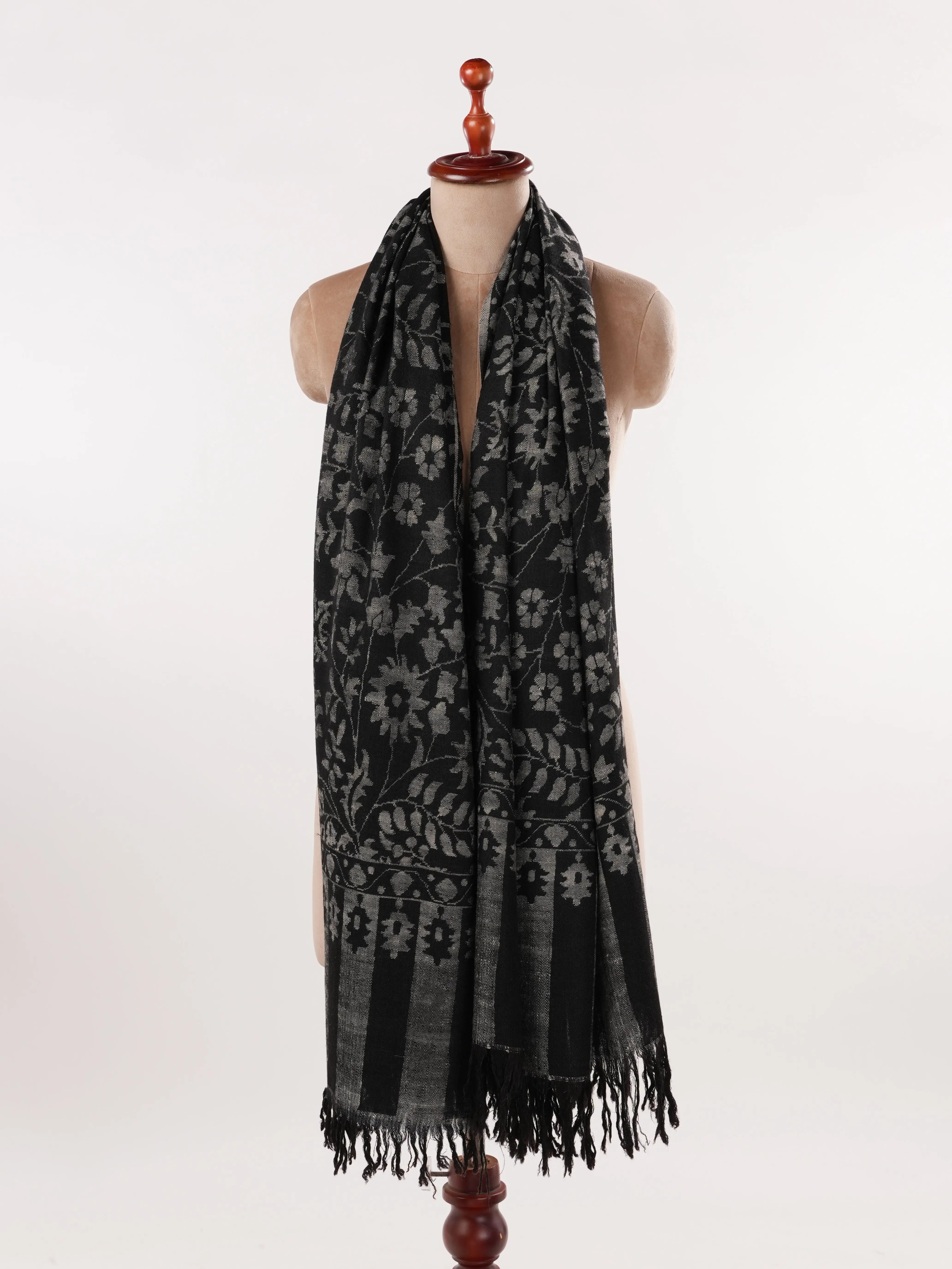 Women's Soft Black Handwoven Kani Pashmina Shawl Shahkaar.com
