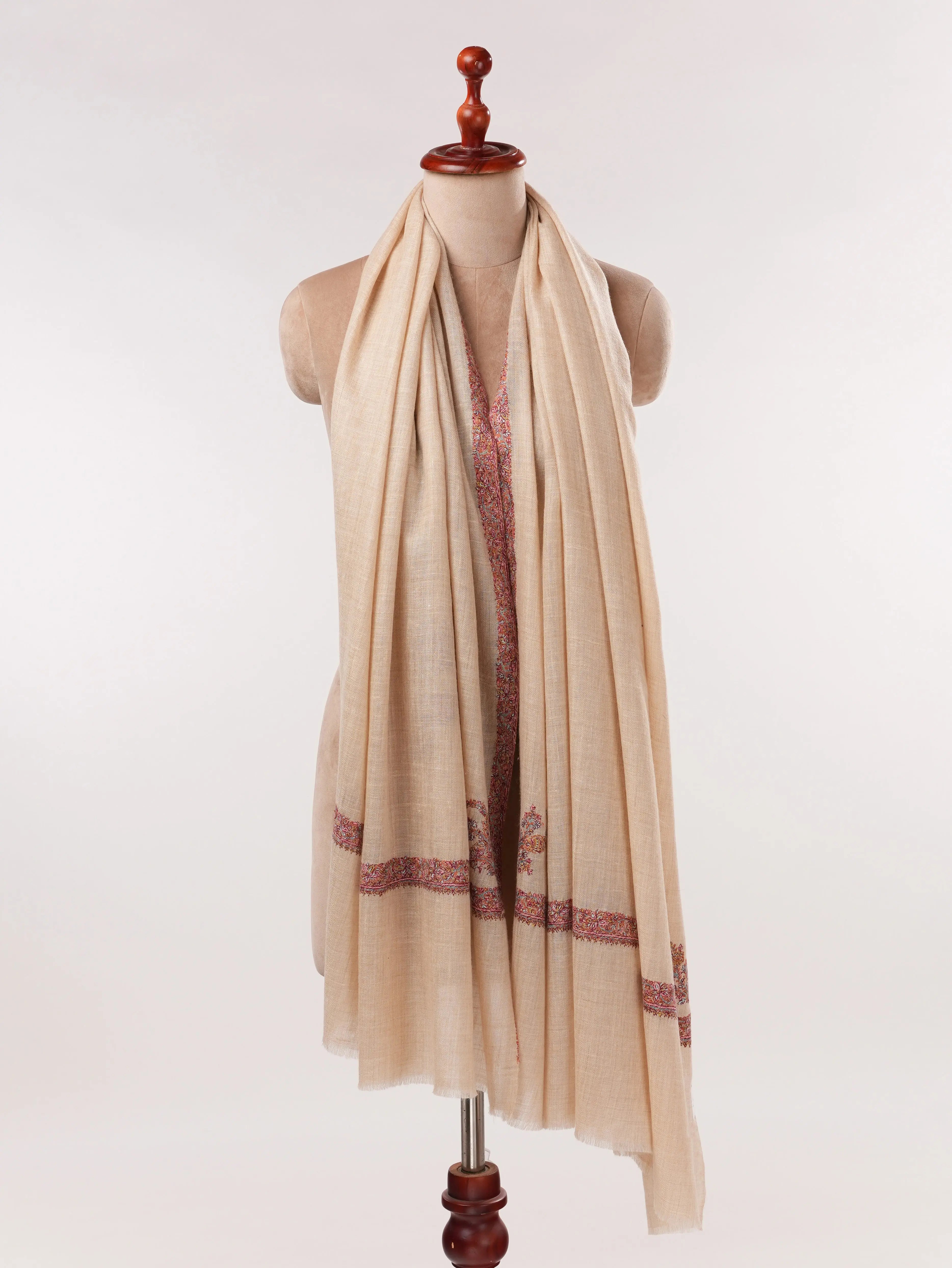 Offwhite Pashmina Shawl with Classic Hashidar Hand Embroidery Shahkaar.com