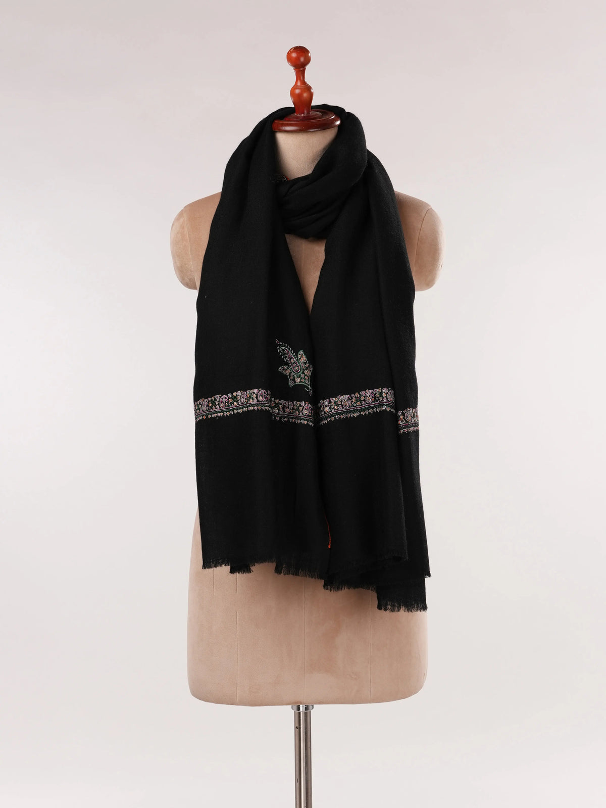 Black Handwoven Pure Pashmina Shawl with Hashidar Sozni Embroidery Shahkaar.com