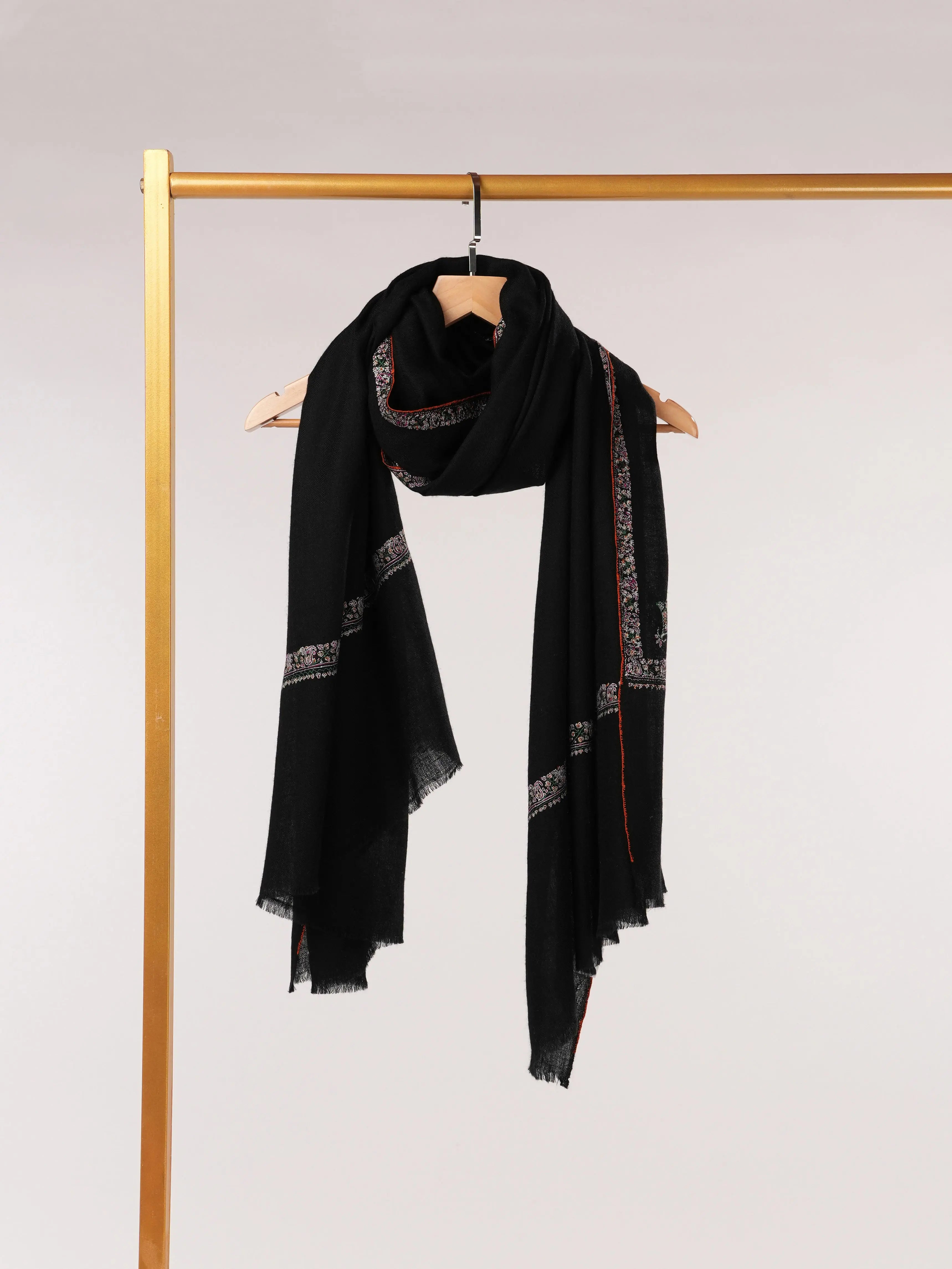Black Handwoven Pure Pashmina Shawl with Hashidar Sozni Embroidery Shahkaar.com