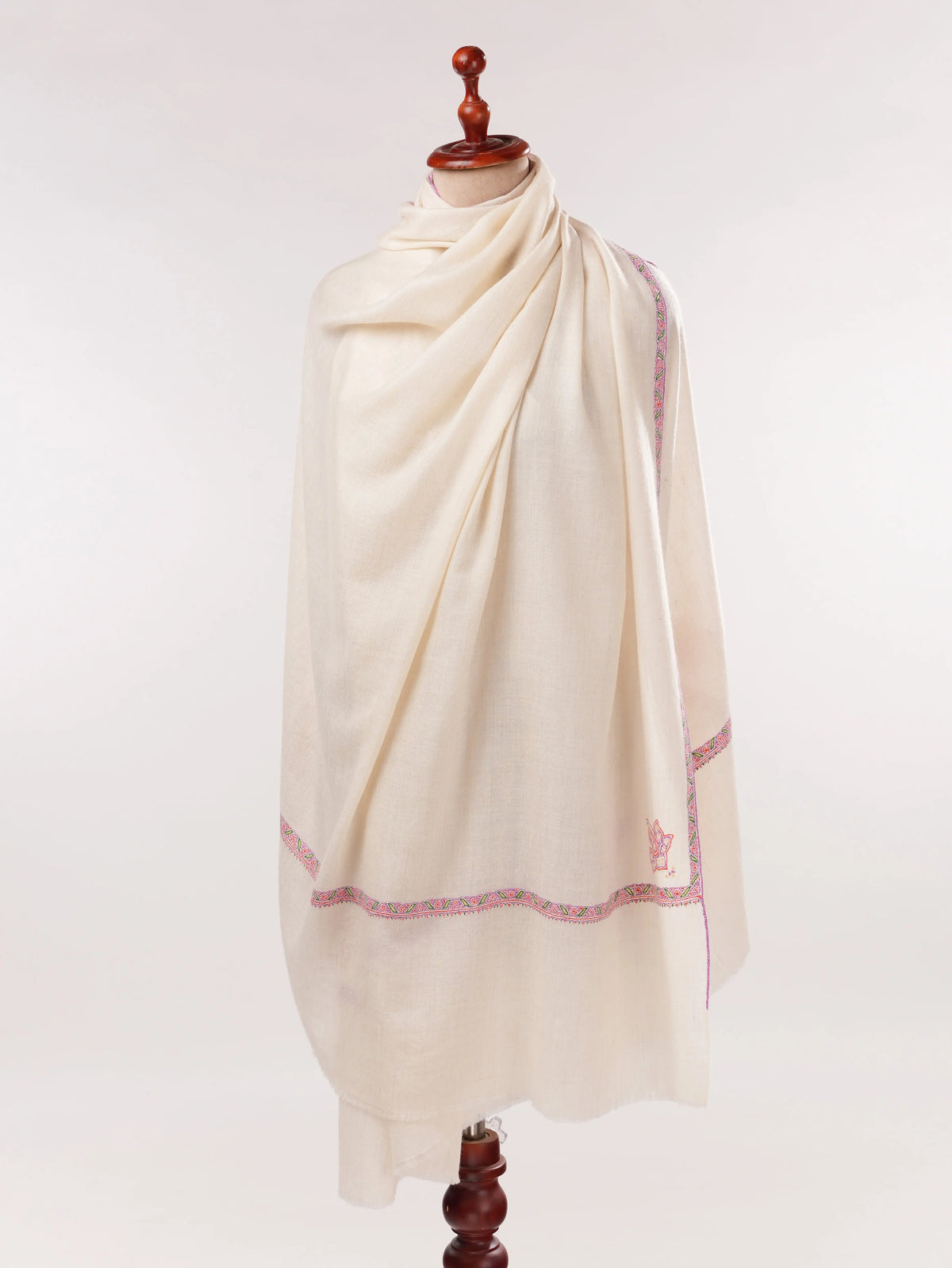 Natural White Pashmina Shawl with Baildar Fine Embroidery Shahkaar.com