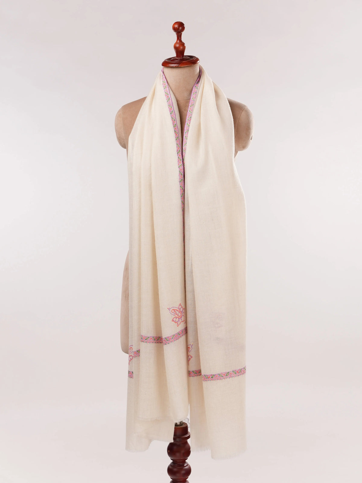 Natural White Pashmina Shawl with Baildar Fine Embroidery Shahkaar.com