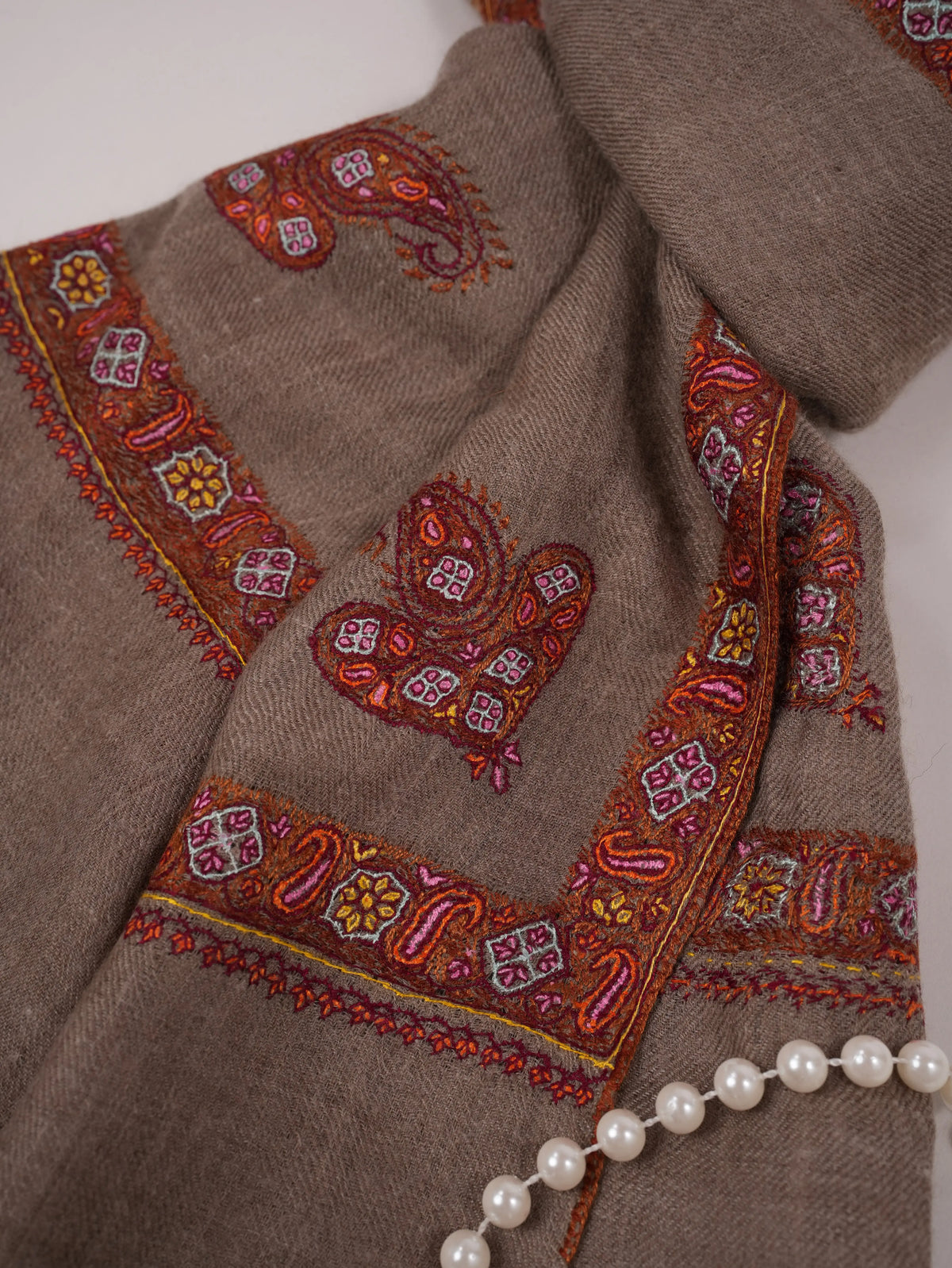 Beige Handwoven Original Cashmere Scarf with Kashmiri Hashidar Hand Embroidery Shahkaar.com