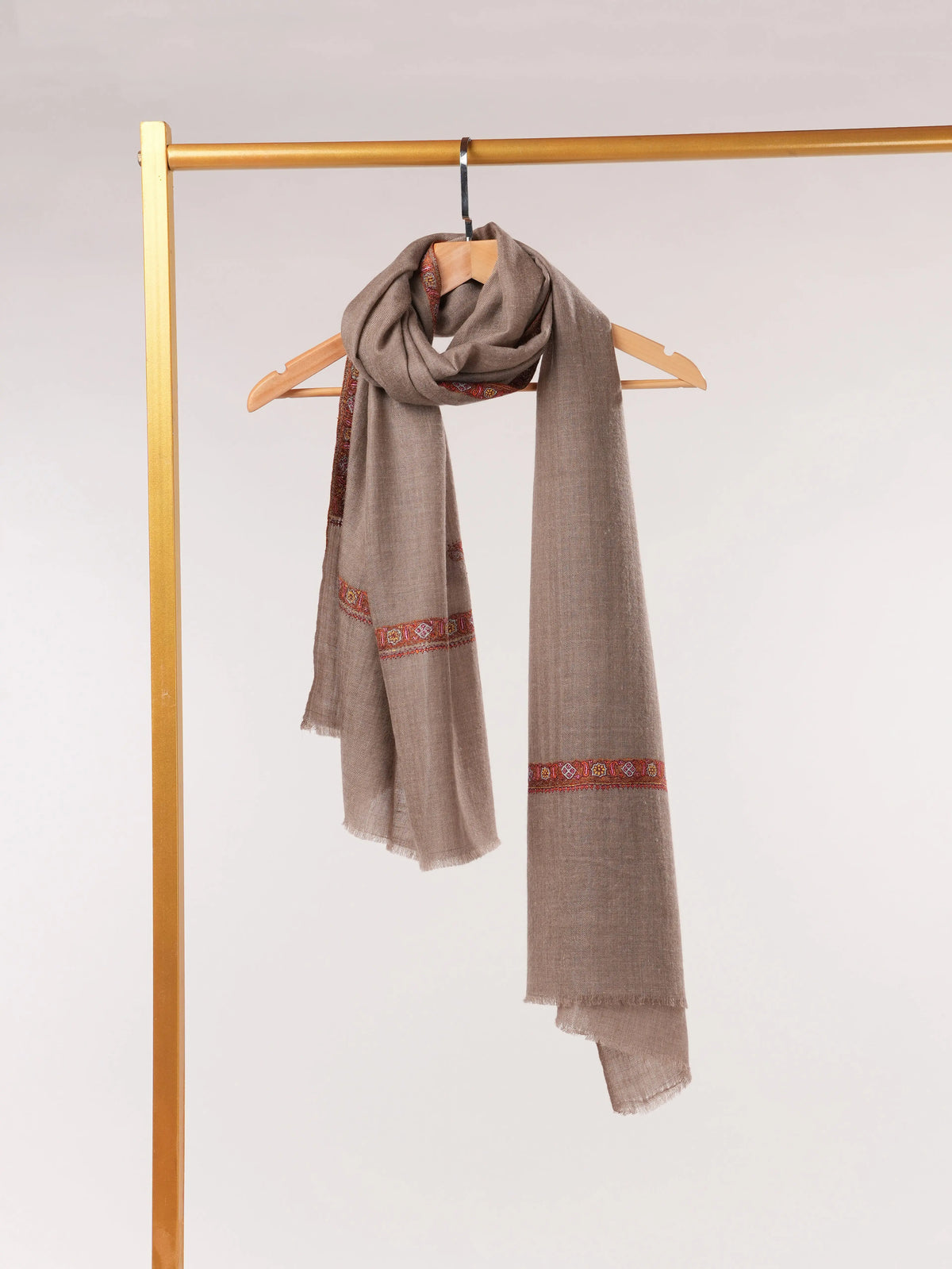 Beige Handwoven Original Cashmere Scarf with Kashmiri Hashidar Hand Embroidery Shahkaar.com