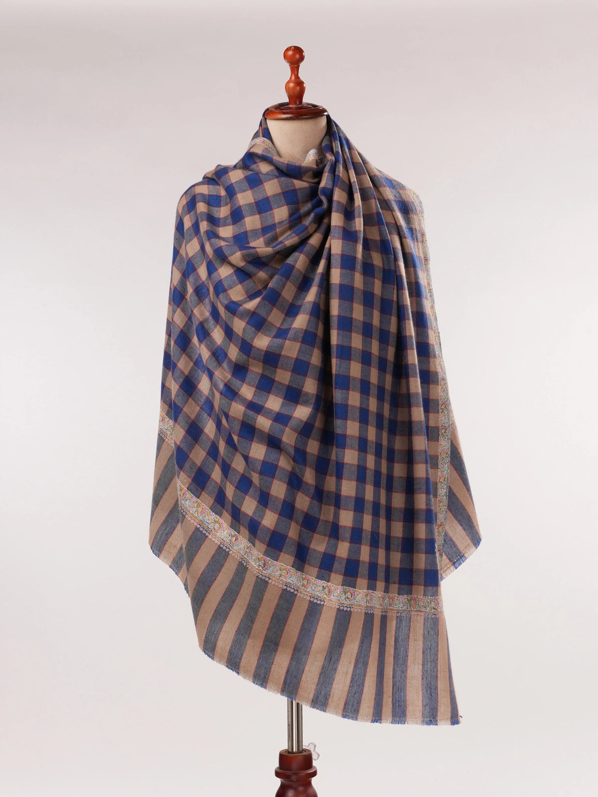 Check Handwoven Pashmina Shawl with Hashia Hand Sozni Embroidery Shahkaar.com